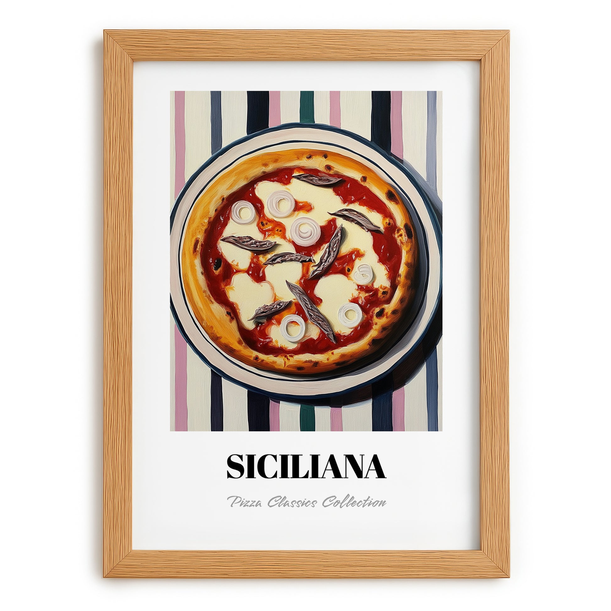 Siciliana – on Striped Tablecloth, Pizza Poster, set in oak frame