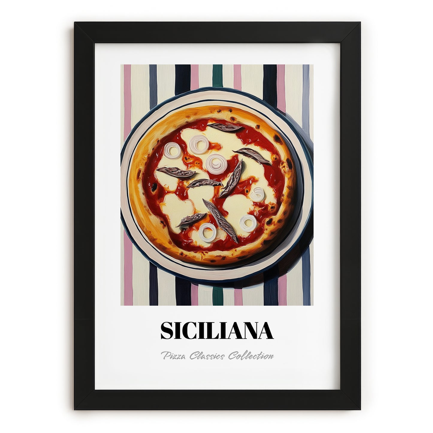 Siciliana – on Striped Tablecloth, Pizza Poster, in sleek black frame