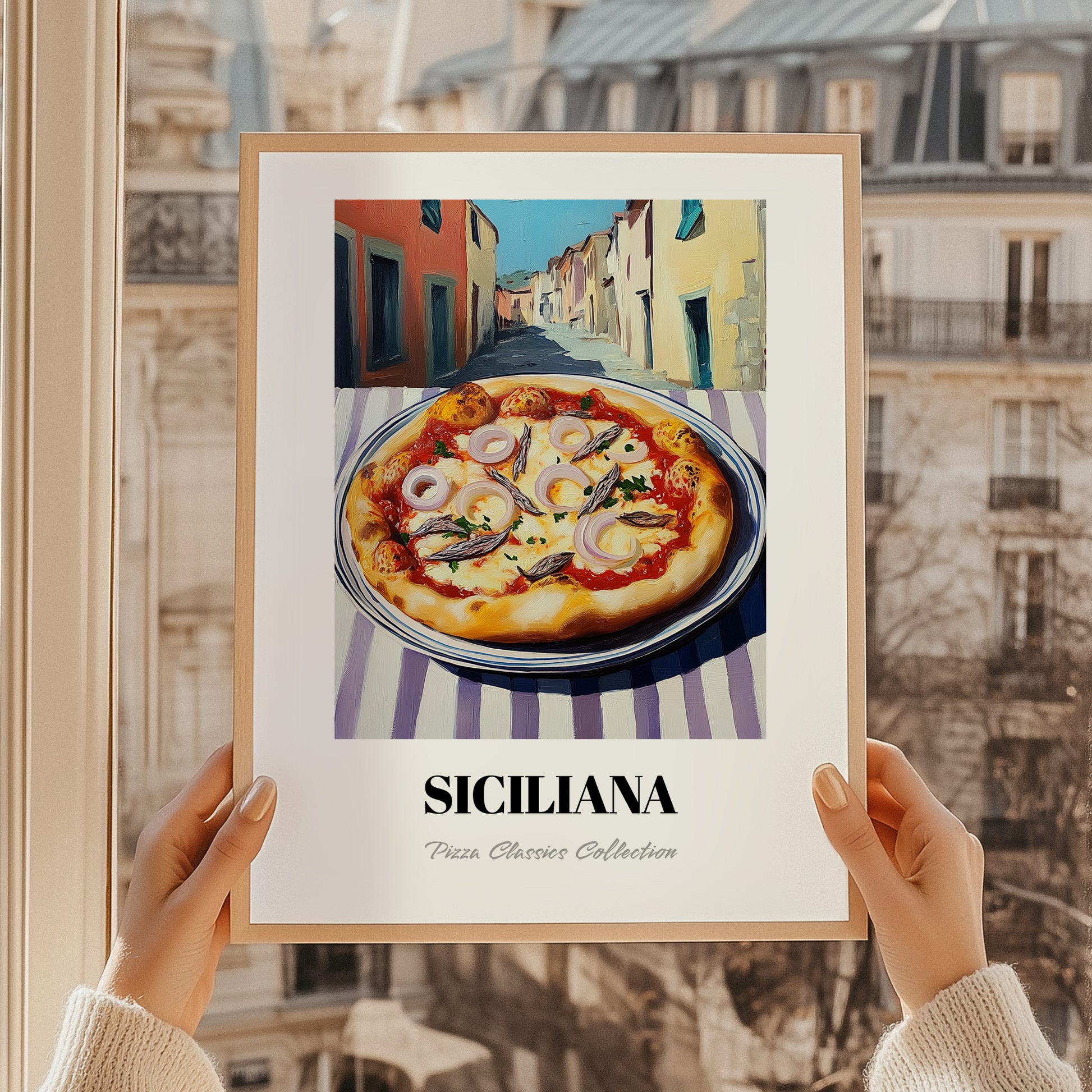 Pizza Siciliana – Italian Street Café Scene, Pizza Painting, styled in a charming Paris street view