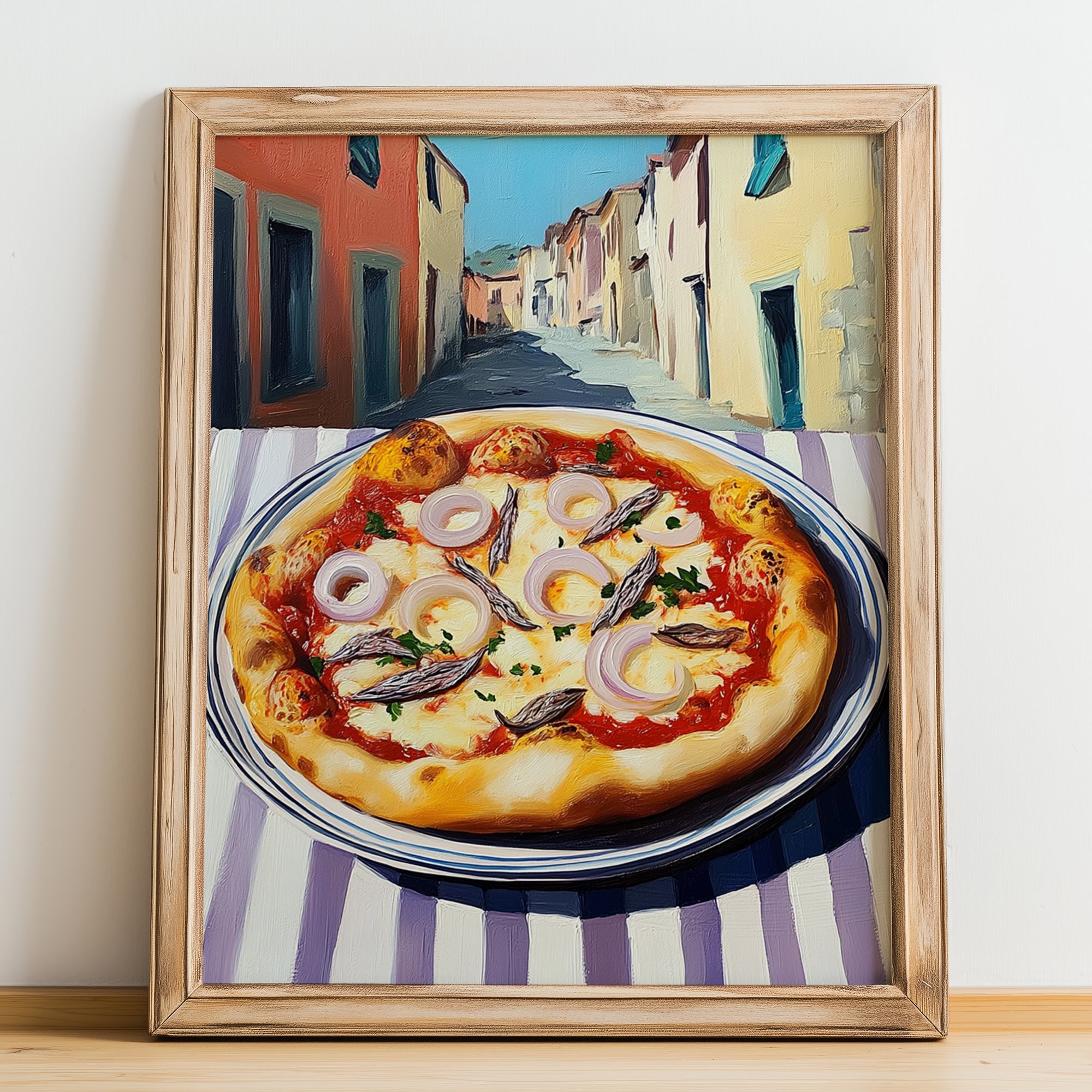 Pizza Siciliana – Italian Street Café Scene, Pizza Painting, no-text version framed in wood
