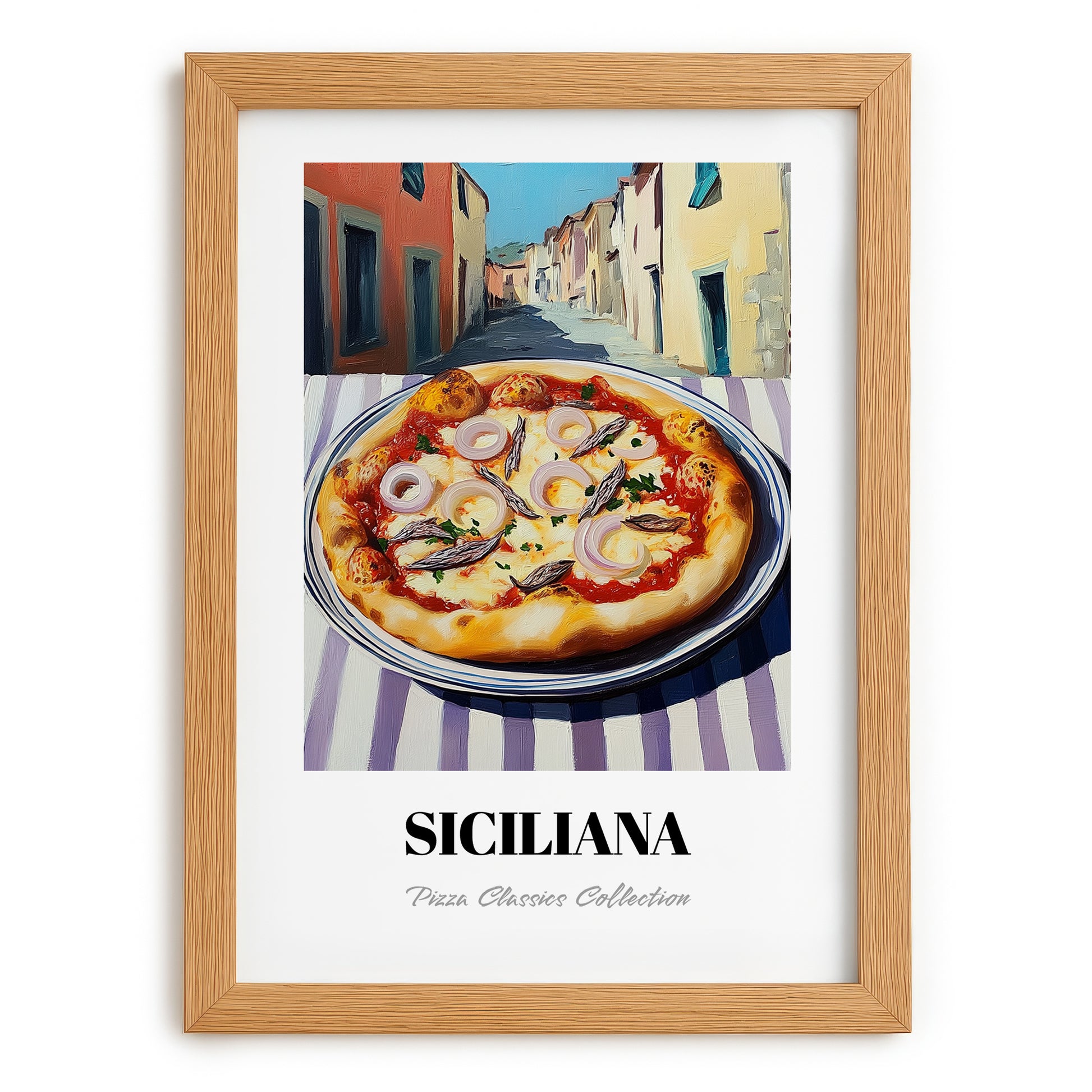 Pizza Siciliana – Italian Street Café Scene, Pizza Painting, set in oak frame