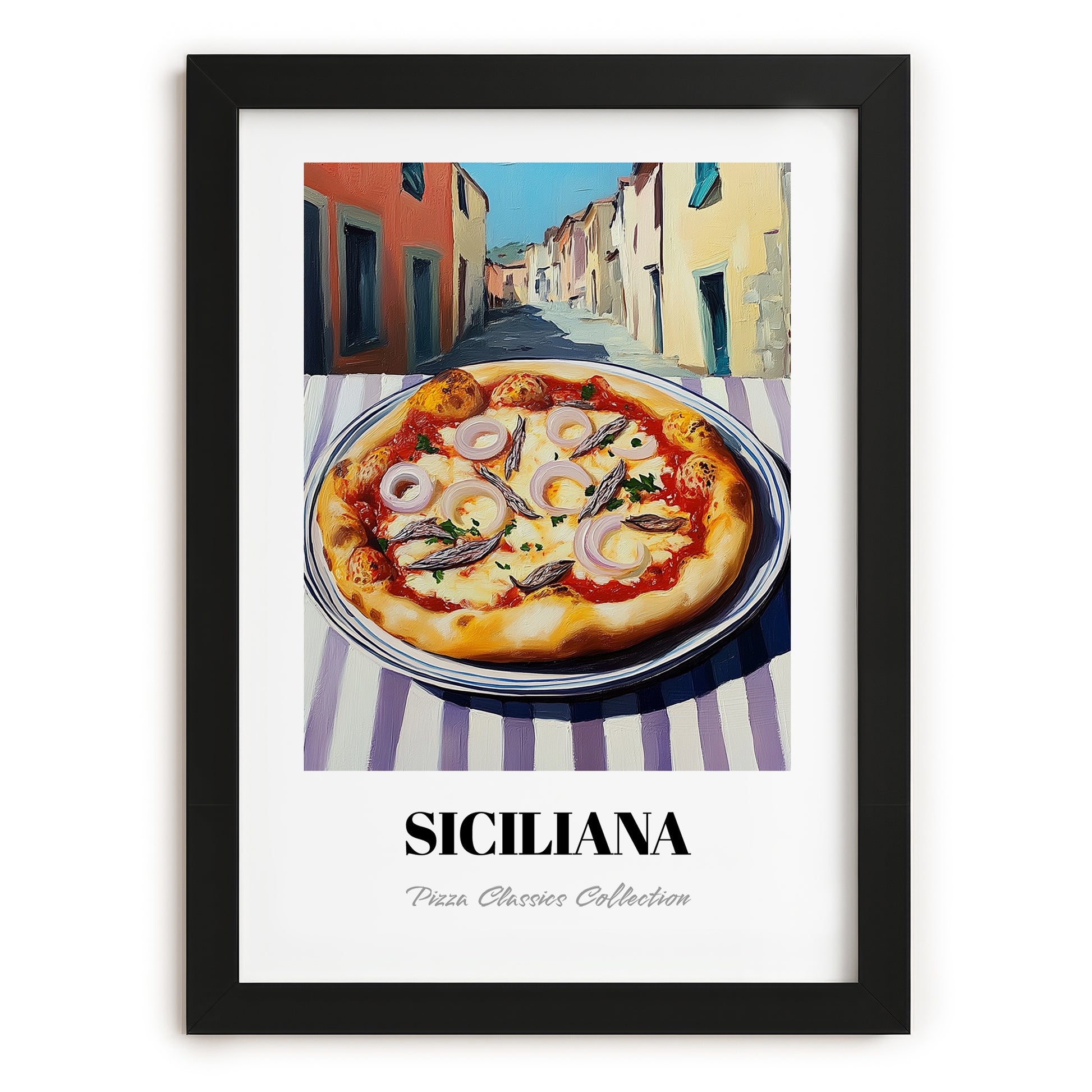 Pizza Siciliana – Italian Street Café Scene, Pizza Painting, in sleek black frame