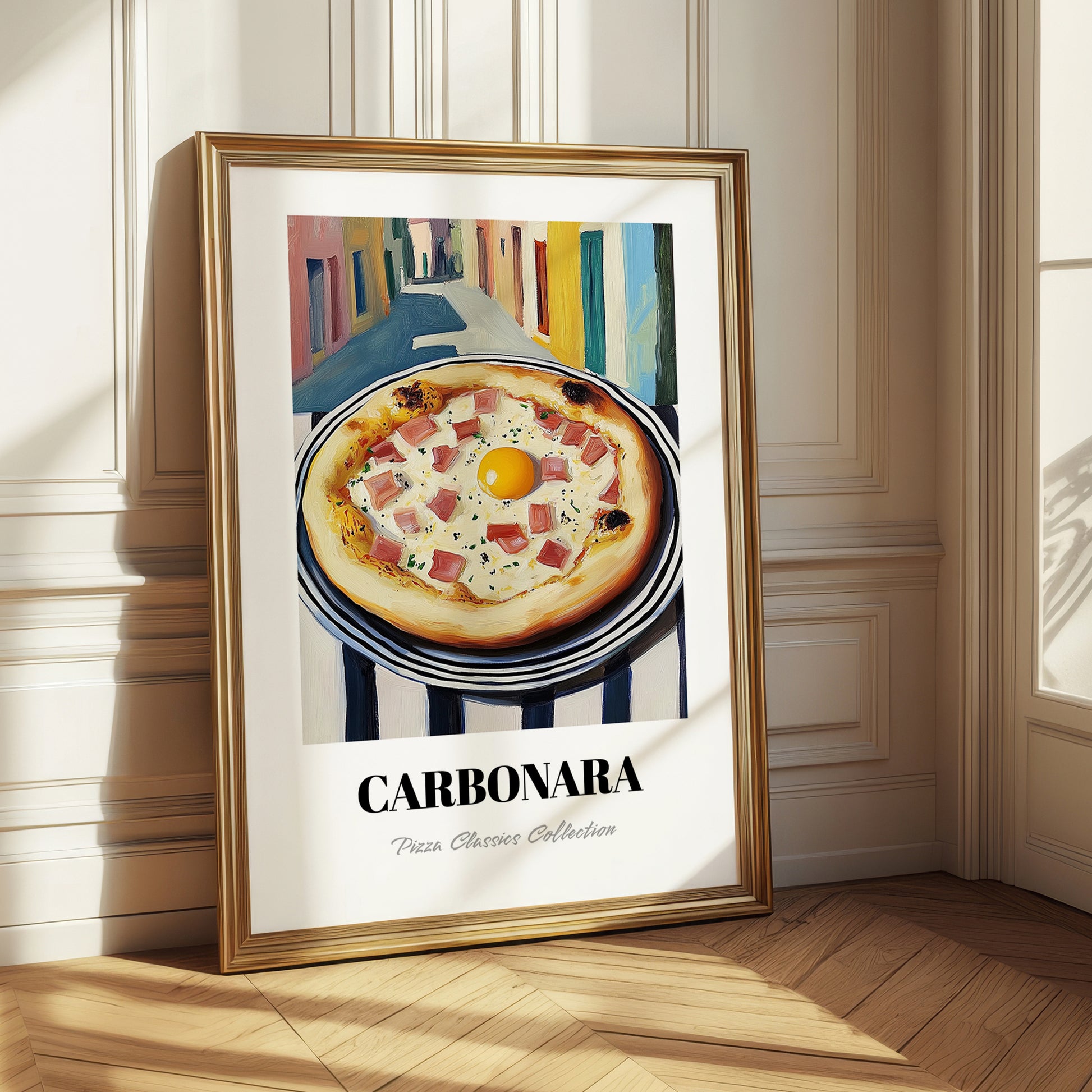Pizza Carbonara – Italian Urban Café Scene, Pizza Illustration