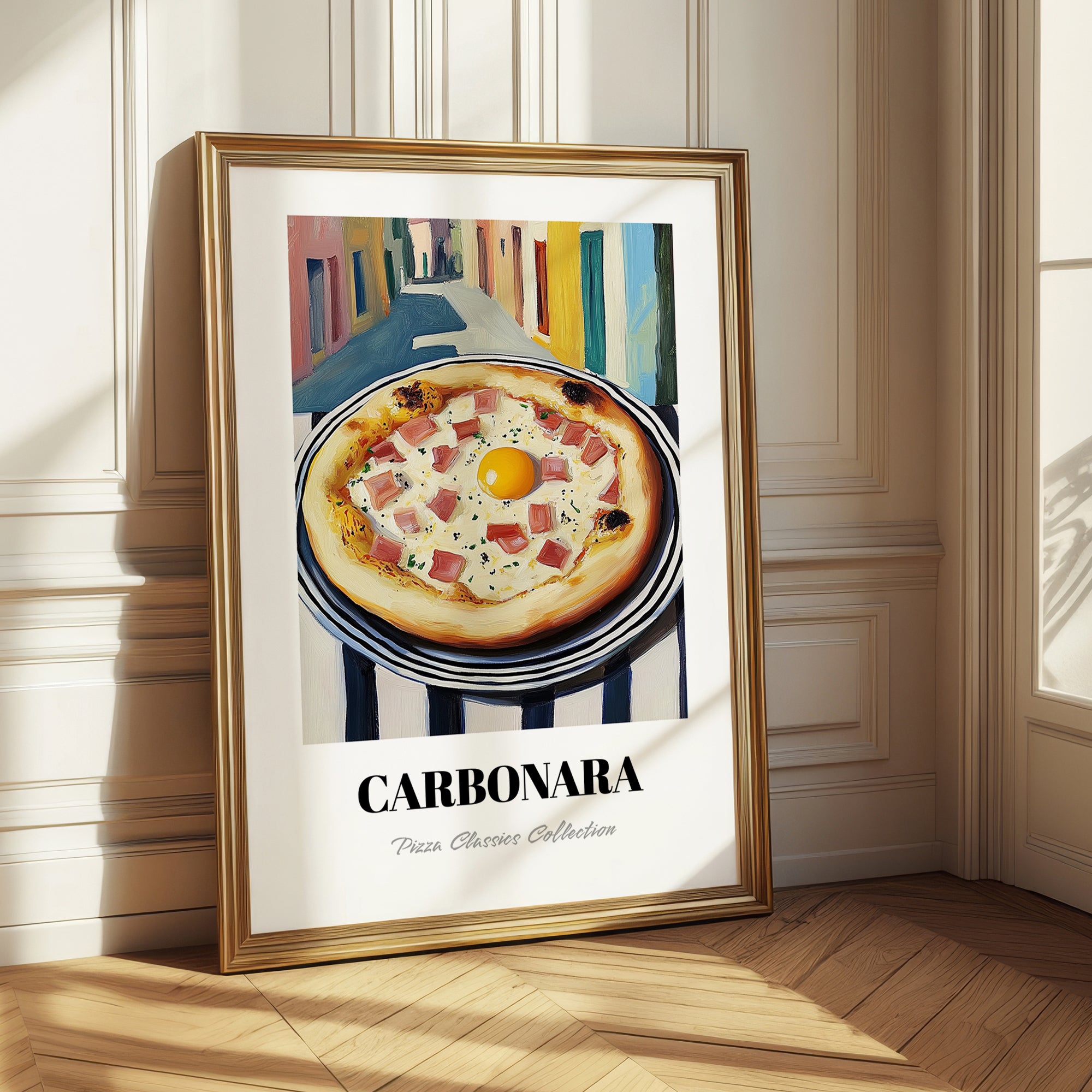 Pizza Carbonara – Italian Urban Café Scene, Pizza Illustration