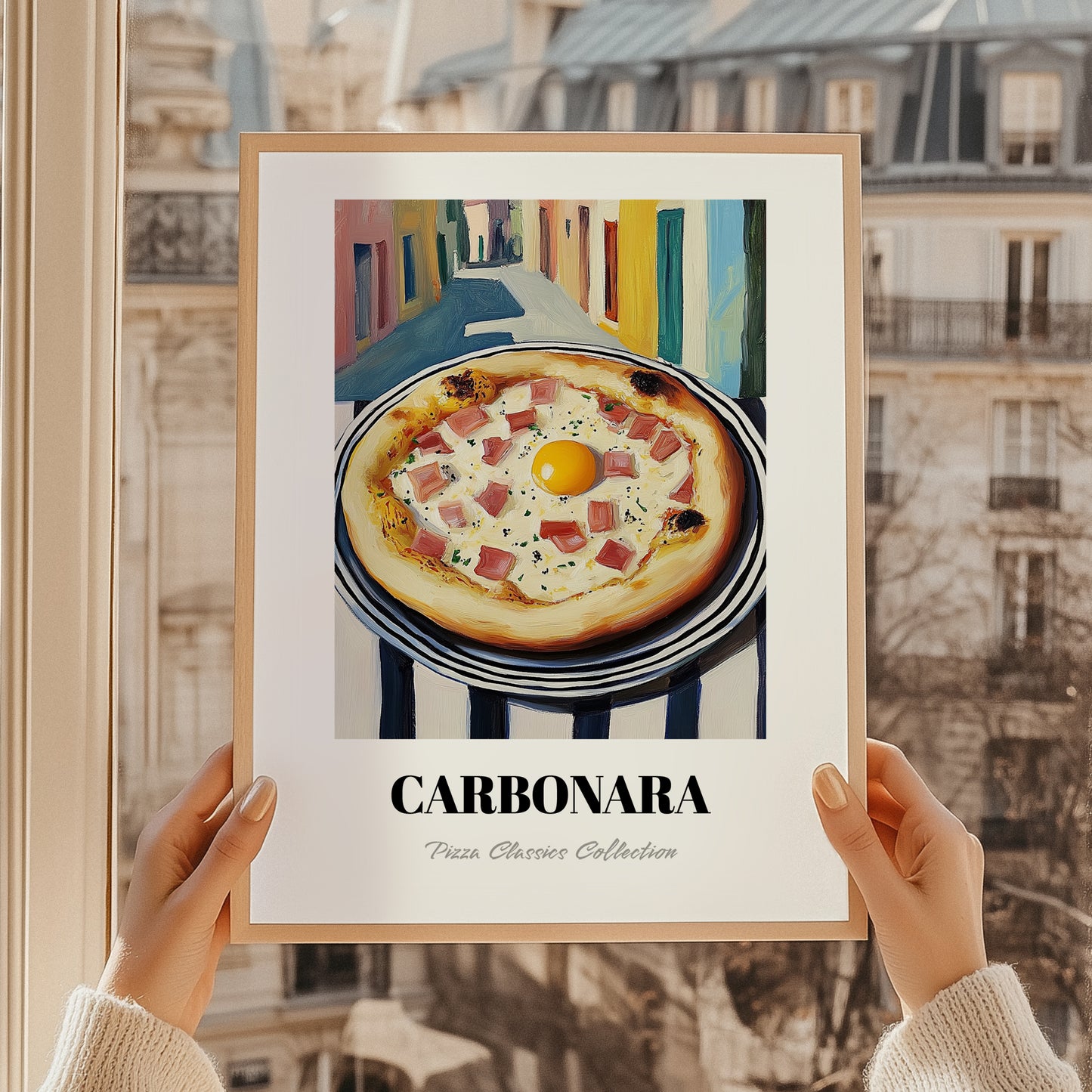 Pizza Carbonara – Italian Urban Café Scene, Pizza Illustration, styled in a charming Paris street view