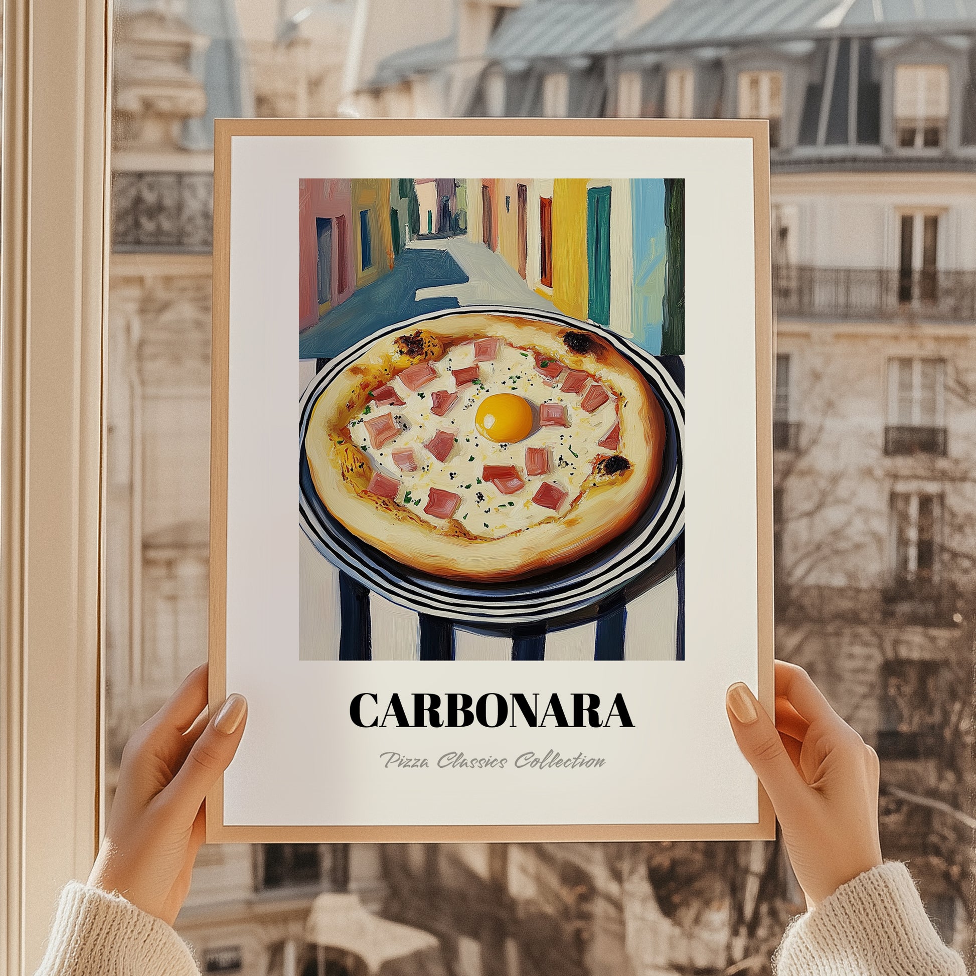 Pizza Carbonara – Italian Urban Café Scene, Pizza Illustration, styled in a charming Paris street view