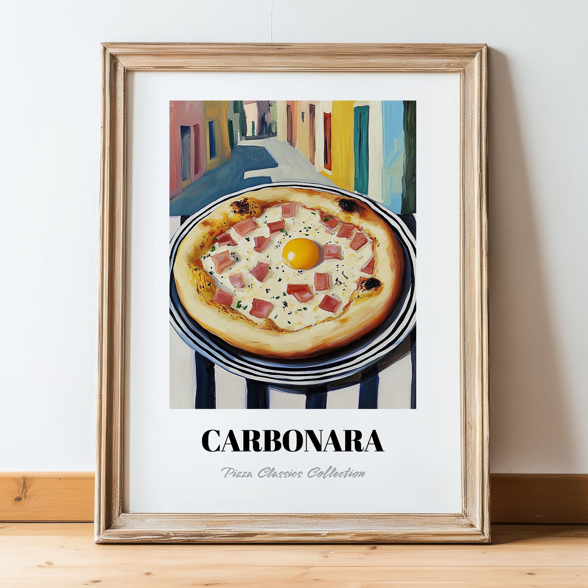 Pizza Carbonara – Italian Urban Café Scene, Pizza Illustration, in wooden frame leaning on the floor