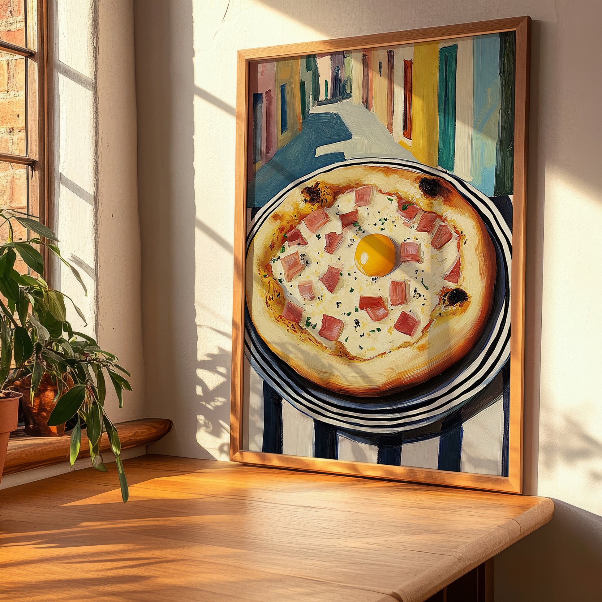 Pizza Carbonara – Italian Urban Café Scene, Pizza Illustration, clean layout with no caption