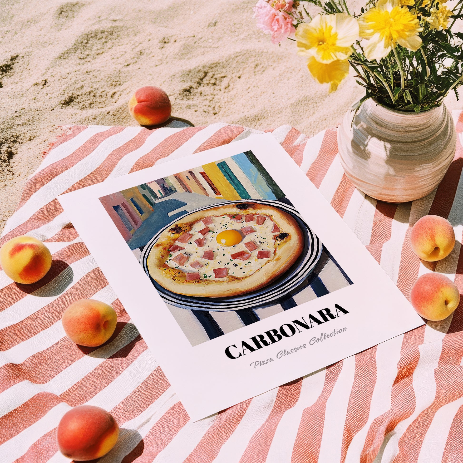 Pizza Carbonara – Italian Urban Café Scene, Pizza Illustration, unframed on coastal sand