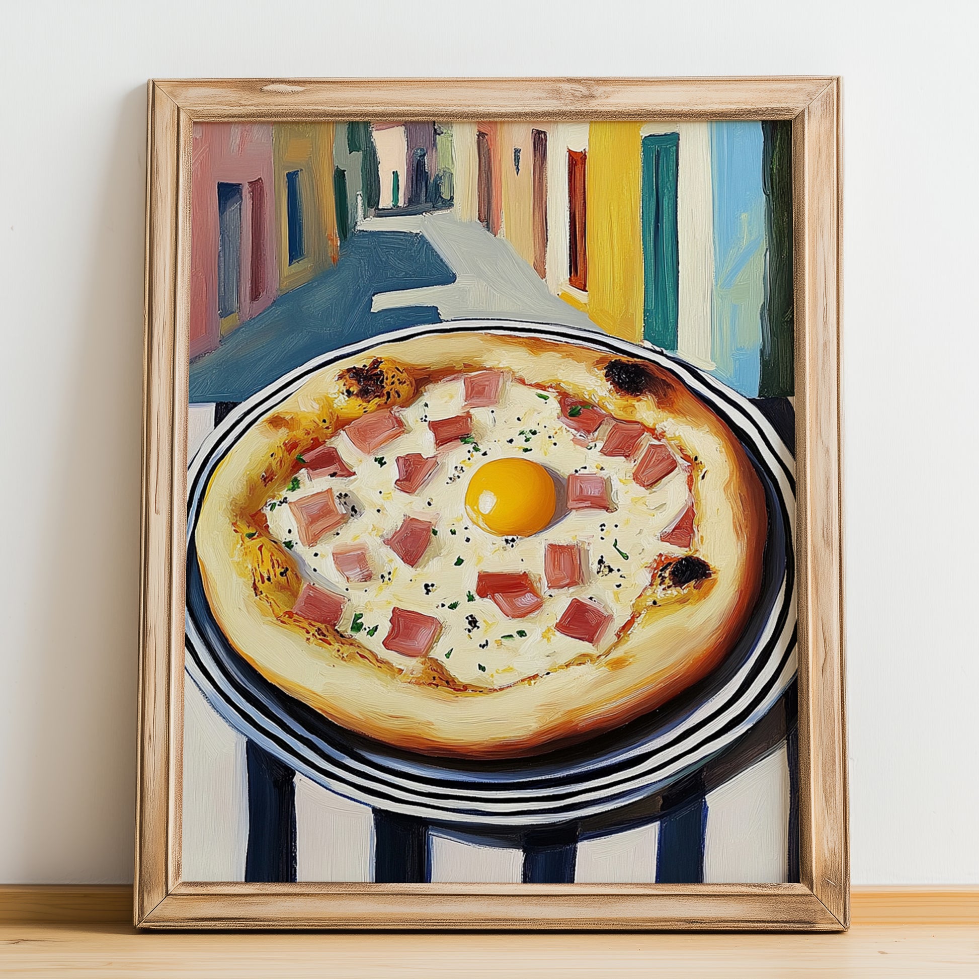 Pizza Carbonara – Italian Urban Café Scene, Pizza Illustration, no-text version framed in wood