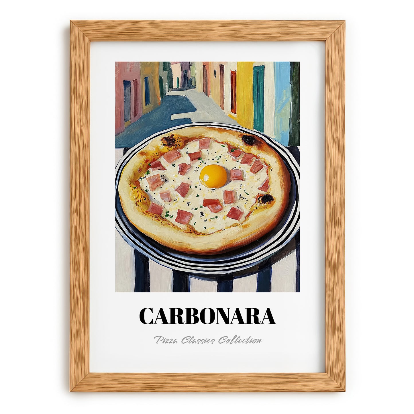 Pizza Carbonara – Italian Urban Café Scene, Pizza Illustration, set in oak frame