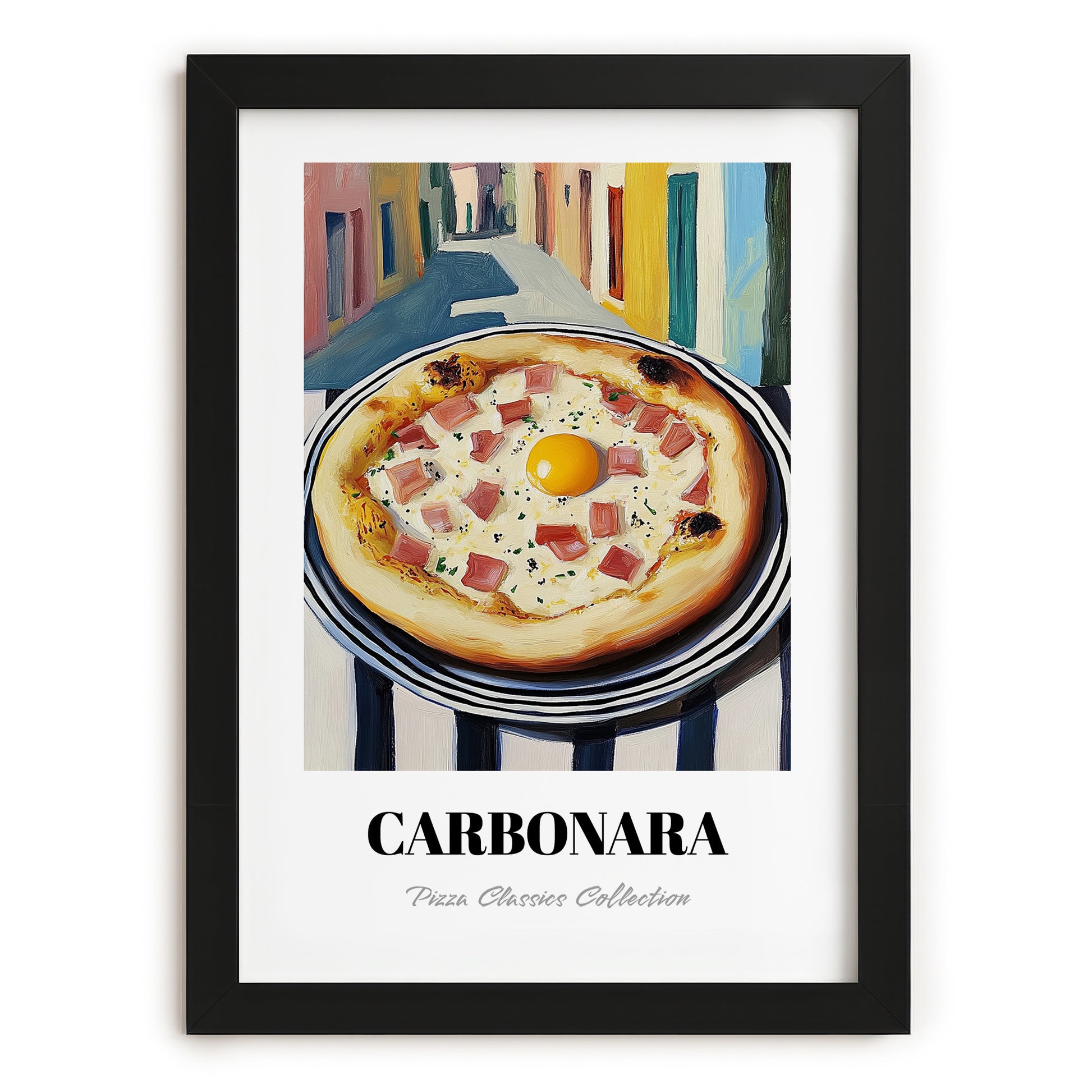 Pizza Carbonara – Italian Urban Café Scene, Pizza Illustration, in sleek black frame