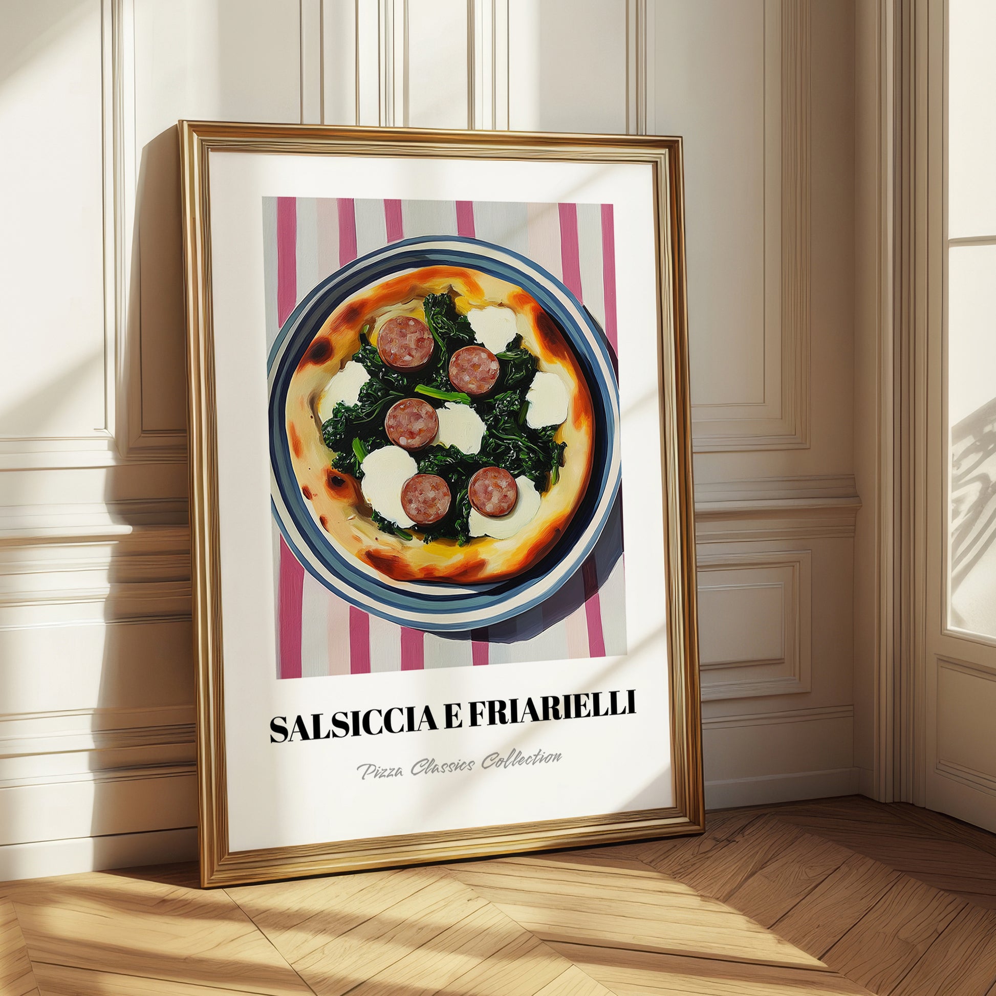 Salsiccia E Friarielli – on Striped Tablecloth, Pizza Still Life