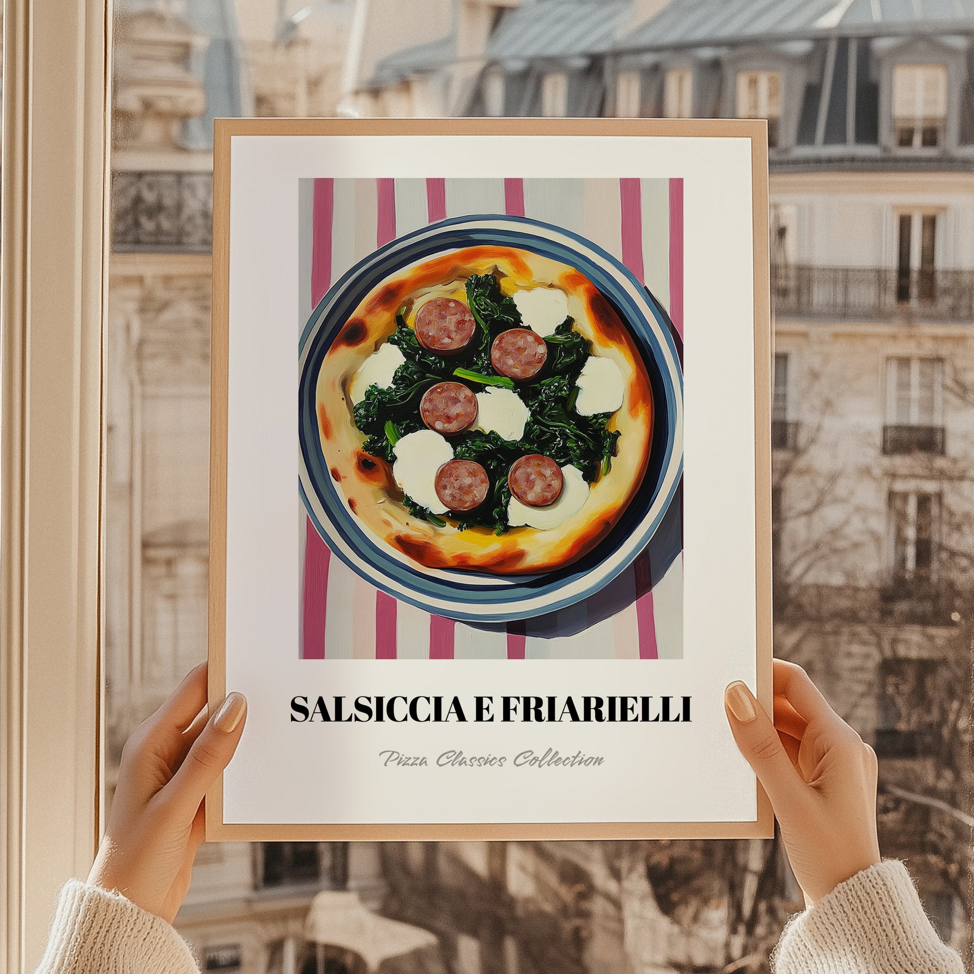 Salsiccia E Friarielli – on Striped Tablecloth, Pizza Still Life, styled in a charming Paris street view