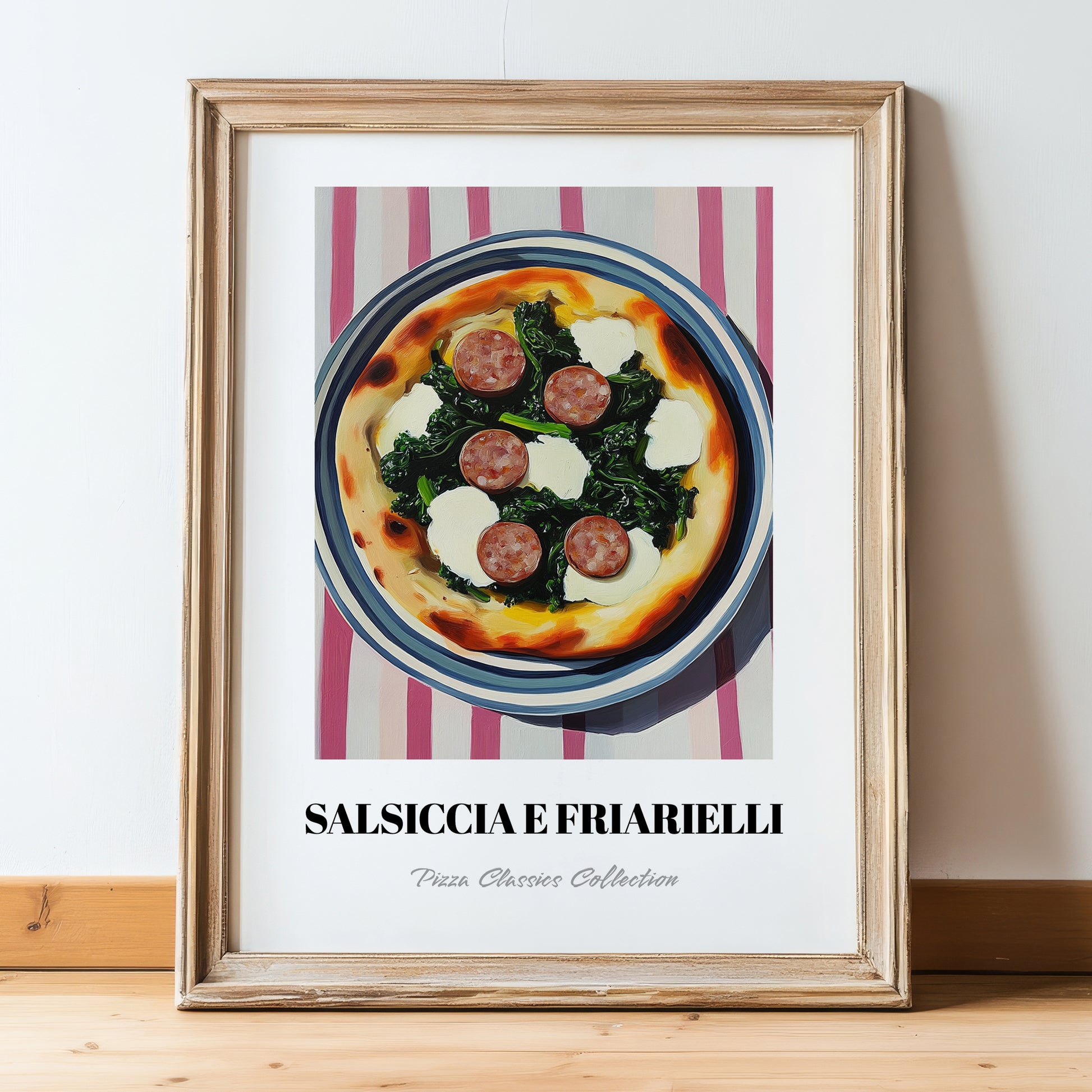 Salsiccia E Friarielli – on Striped Tablecloth, Pizza Still Life, in wooden frame leaning on the floor