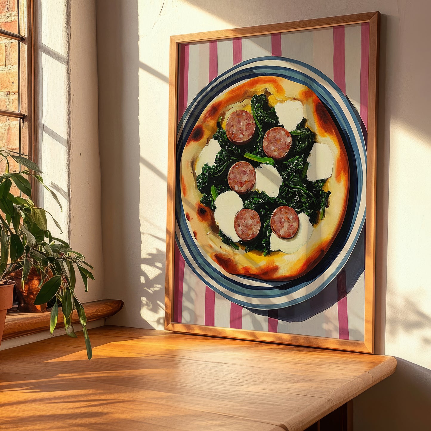 Salsiccia E Friarielli – on Striped Tablecloth, Pizza Still Life, clean layout with no caption