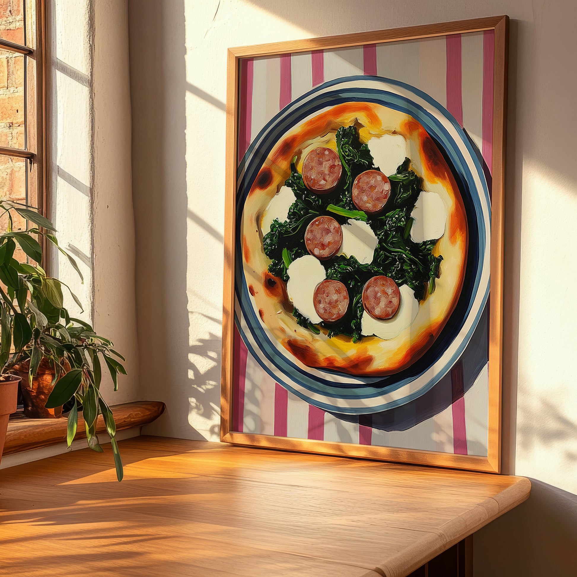 Salsiccia E Friarielli – on Striped Tablecloth, Pizza Still Life, clean layout with no caption