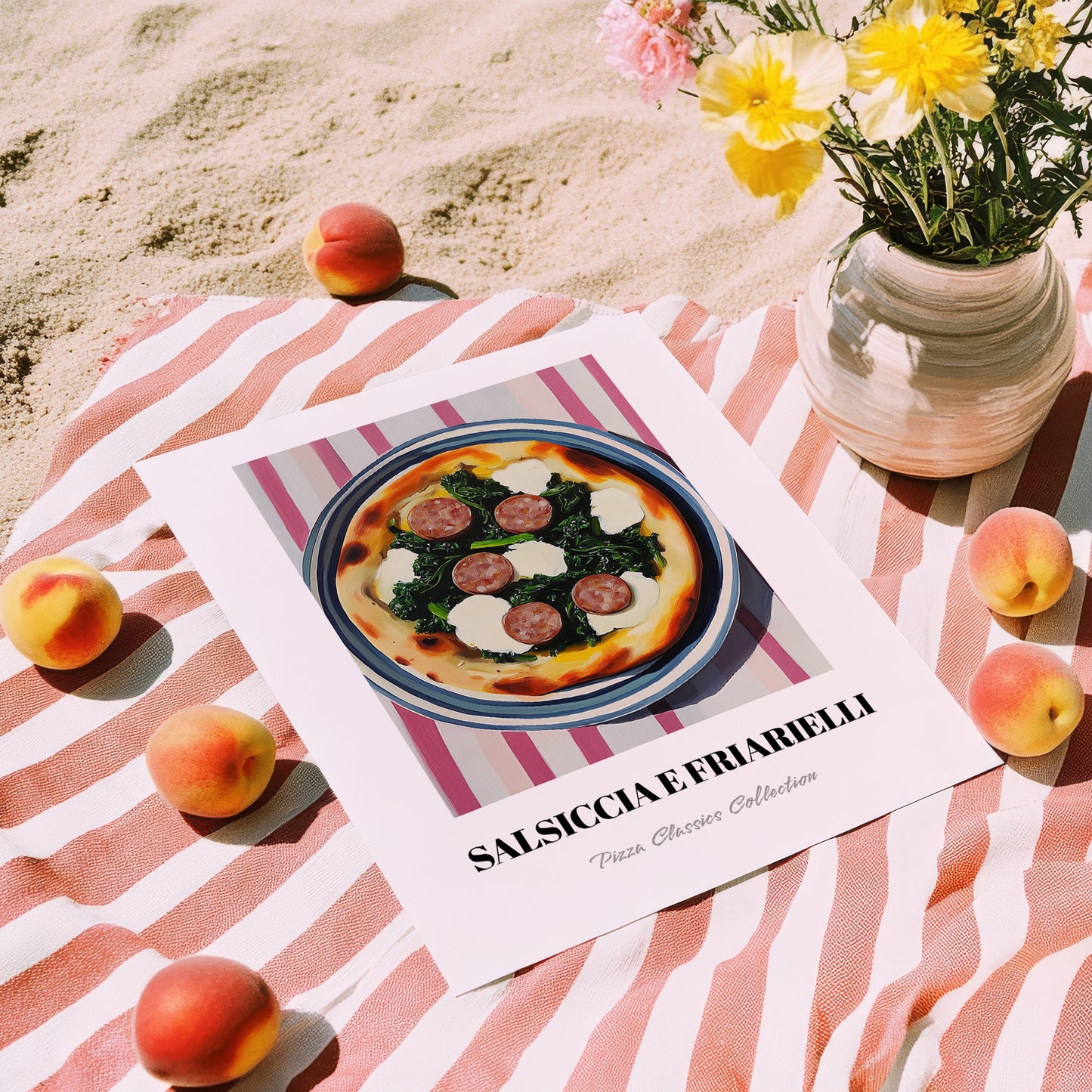 Salsiccia E Friarielli – on Striped Tablecloth, Pizza Still Life, unframed on coastal sand