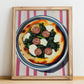 Salsiccia E Friarielli – on Striped Tablecloth, Pizza Still Life, no-text version framed in wood