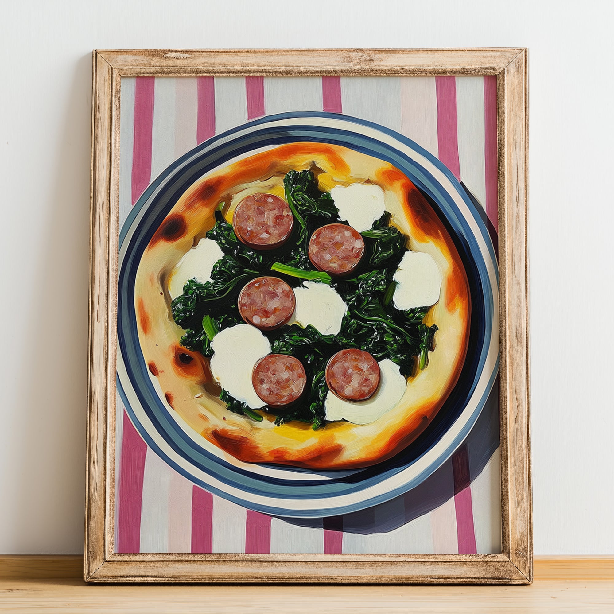 Salsiccia E Friarielli – on Striped Tablecloth, Pizza Still Life, no-text version framed in wood