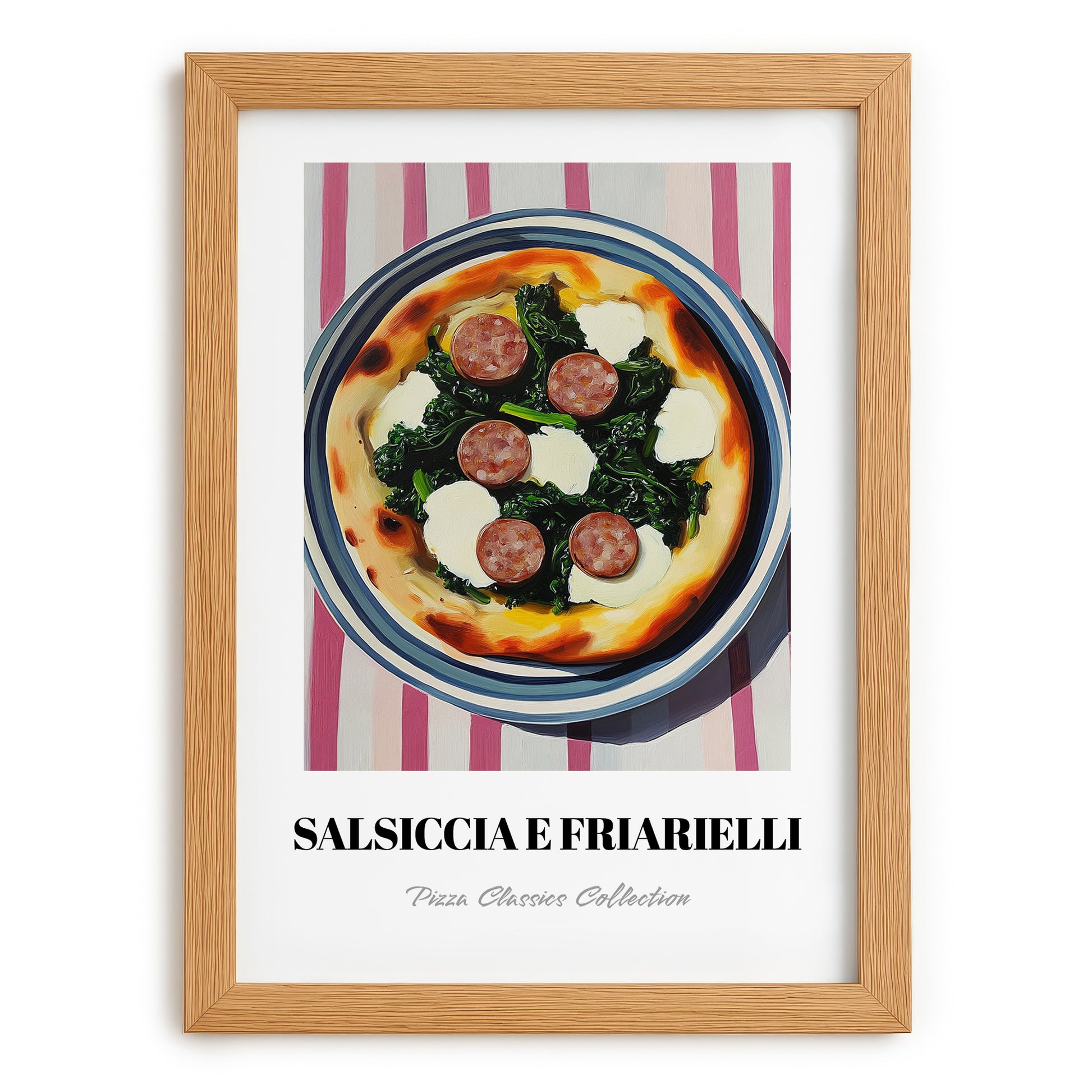 Salsiccia E Friarielli – on Striped Tablecloth, Pizza Still Life, set in oak frame