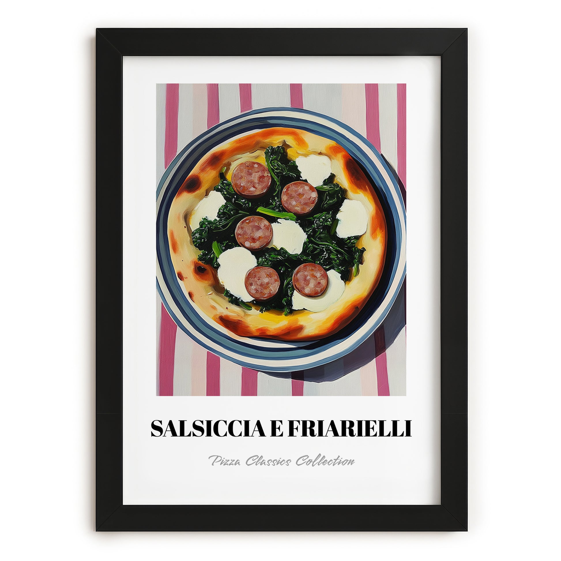 Salsiccia E Friarielli – on Striped Tablecloth, Pizza Still Life, in sleek black frame