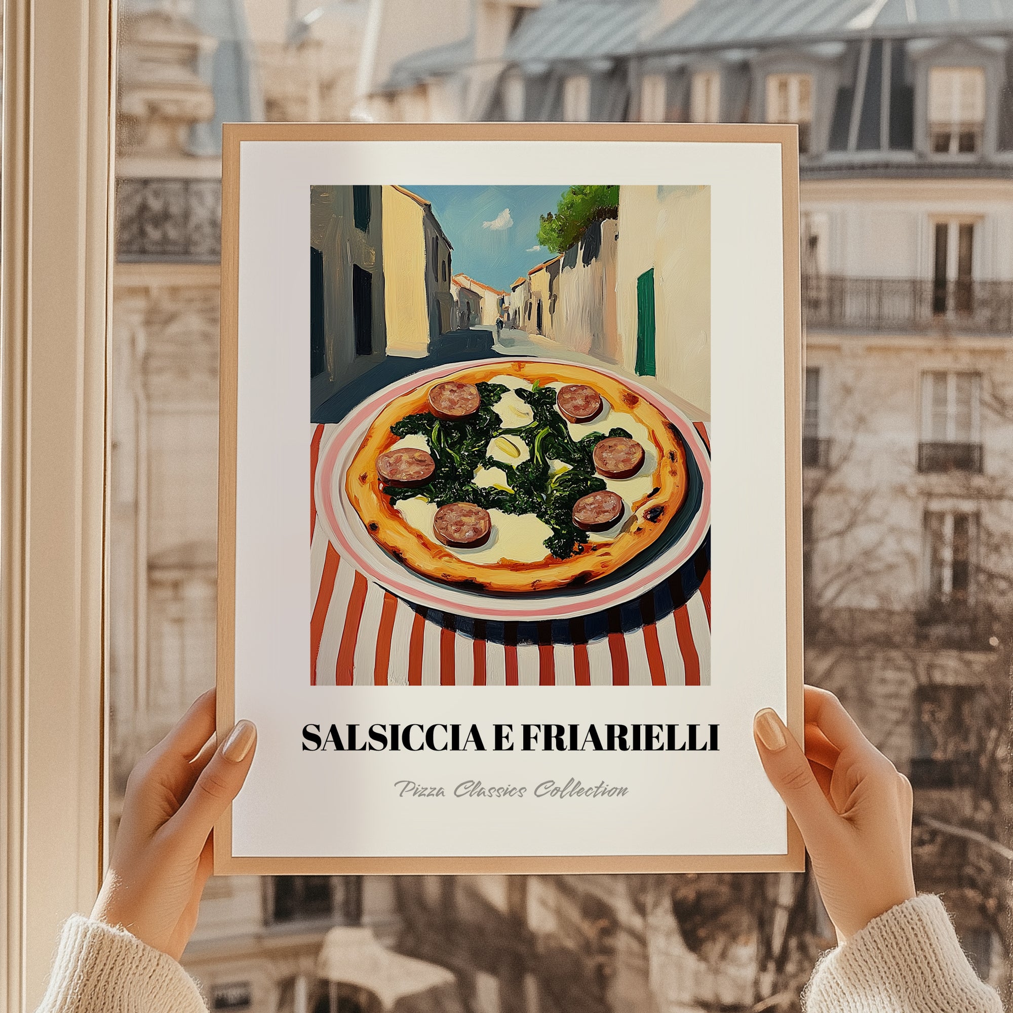 Pizza Salsiccia E Friarielli – Italian Café on the Corner, Pizza Print, styled in a charming Paris street view