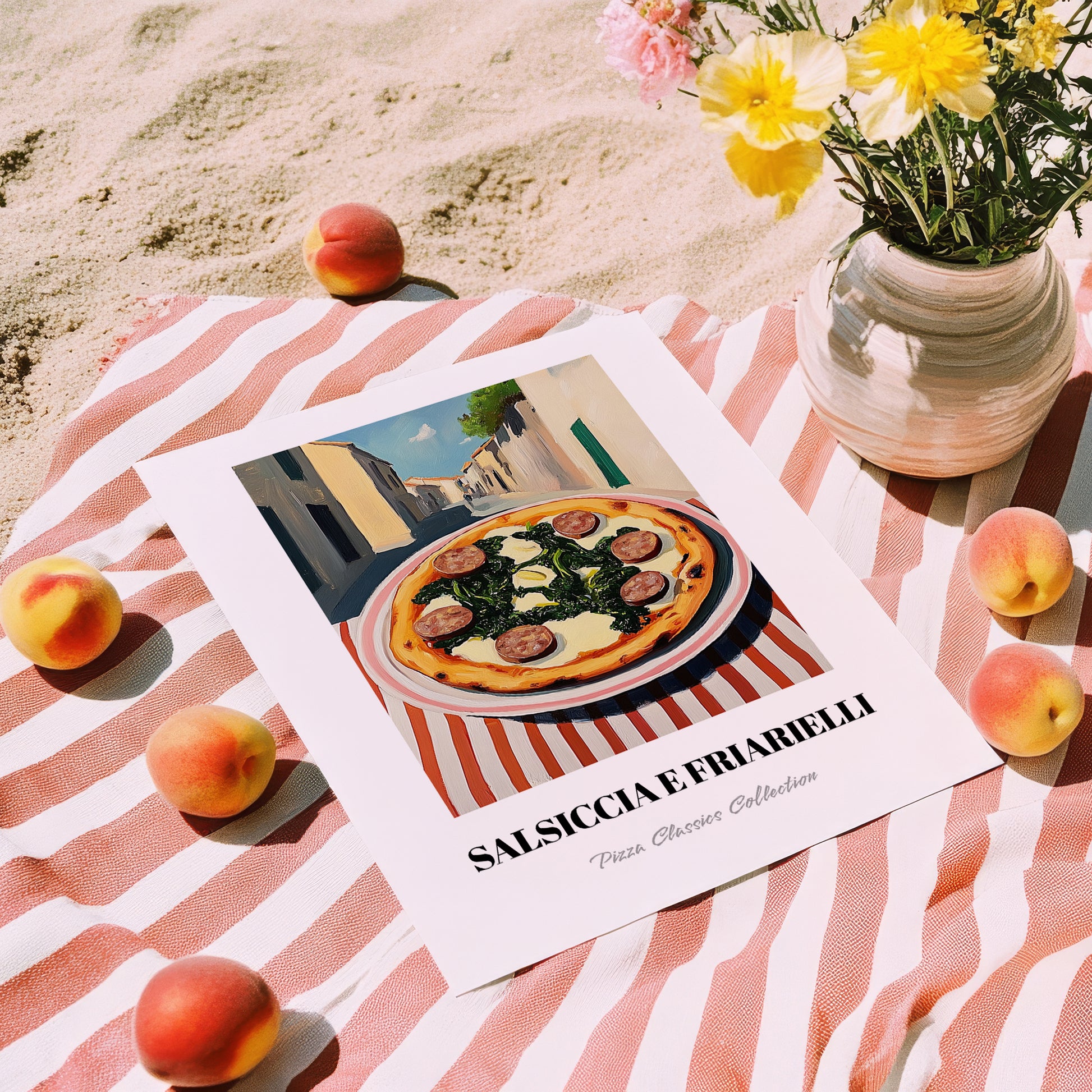 Pizza Salsiccia E Friarielli – Italian Café on the Corner, Pizza Print, unframed on coastal sand