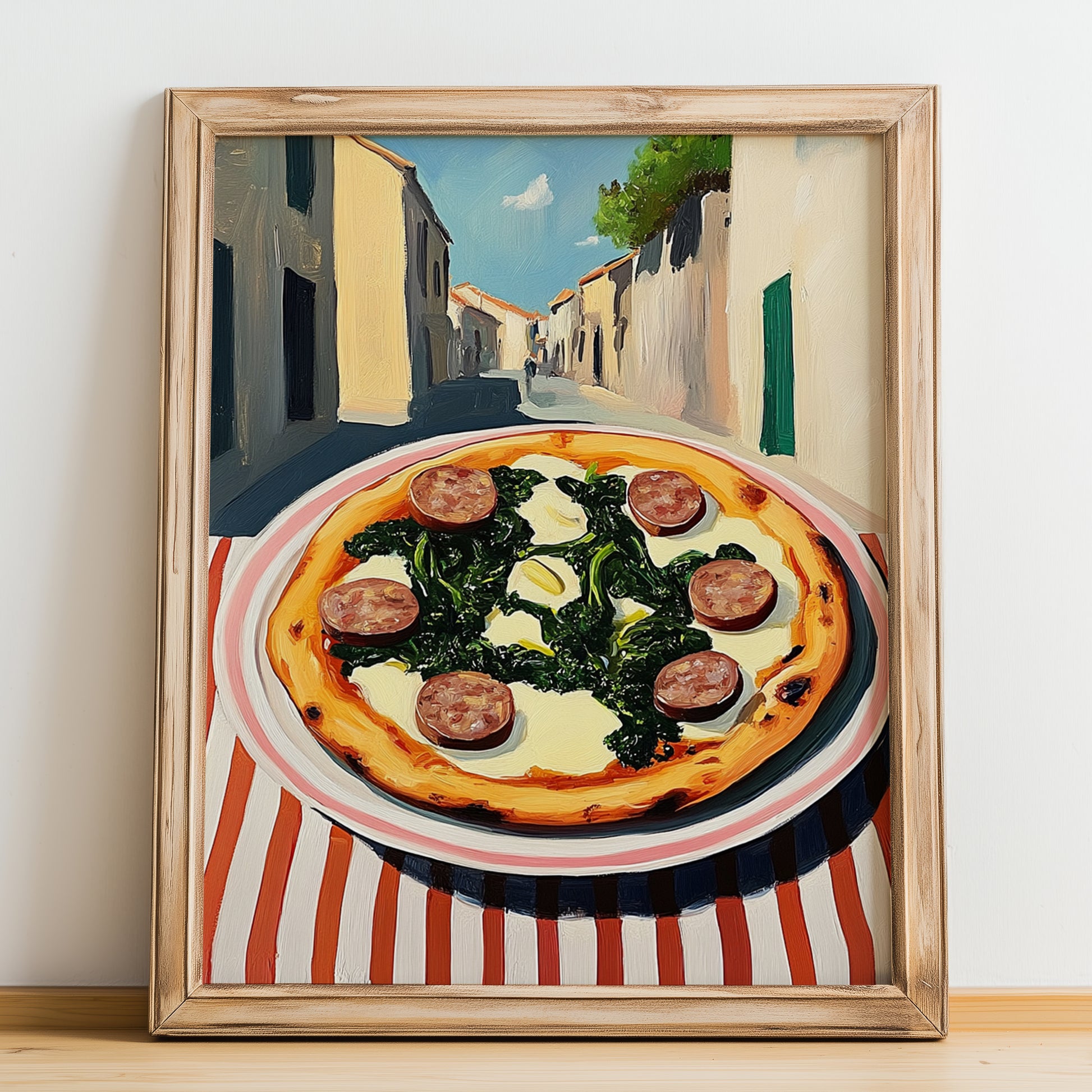 Pizza Salsiccia E Friarielli – Italian Café on the Corner, Pizza Print, no-text version framed in wood