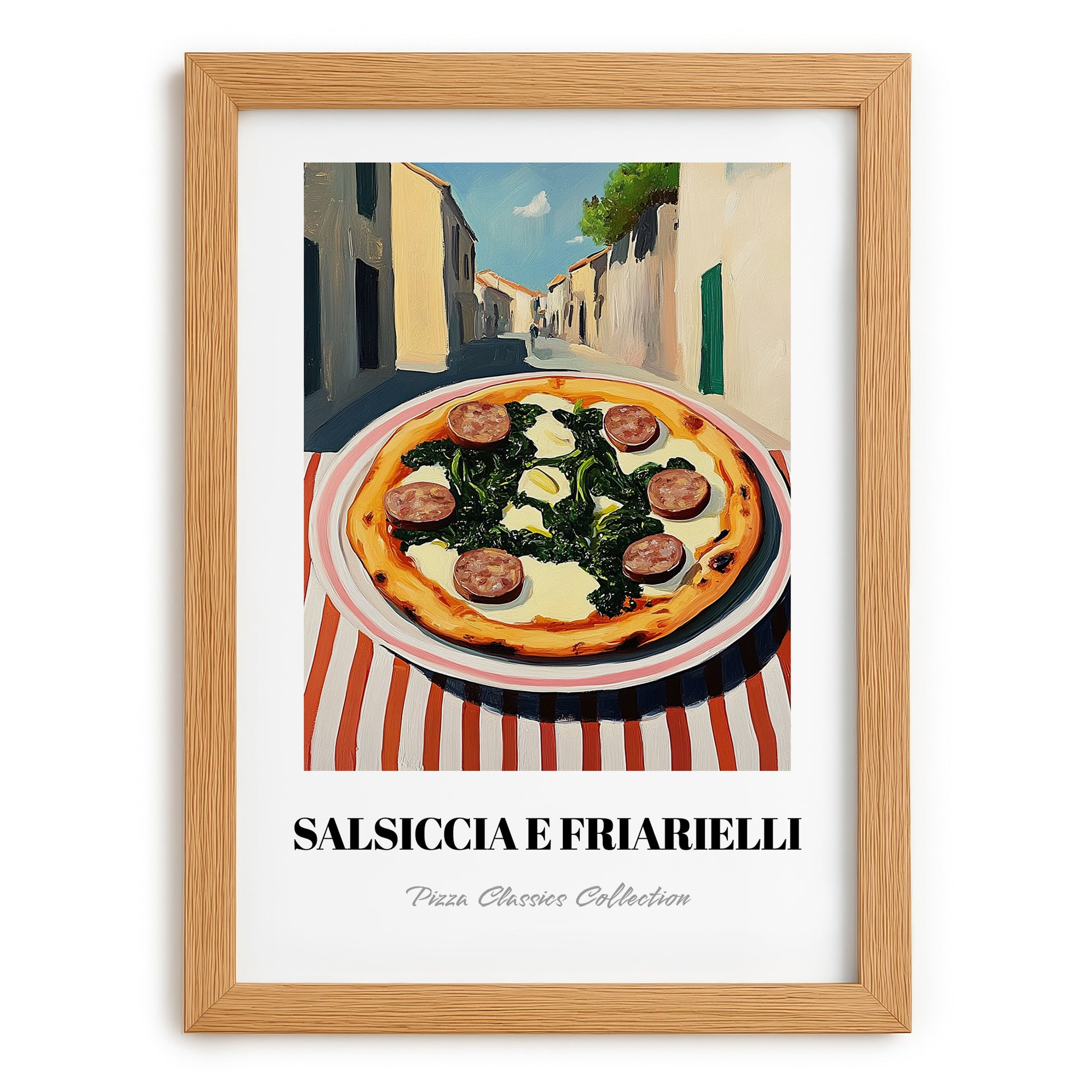 Pizza Salsiccia E Friarielli – Italian Café on the Corner, Pizza Print, set in oak frame