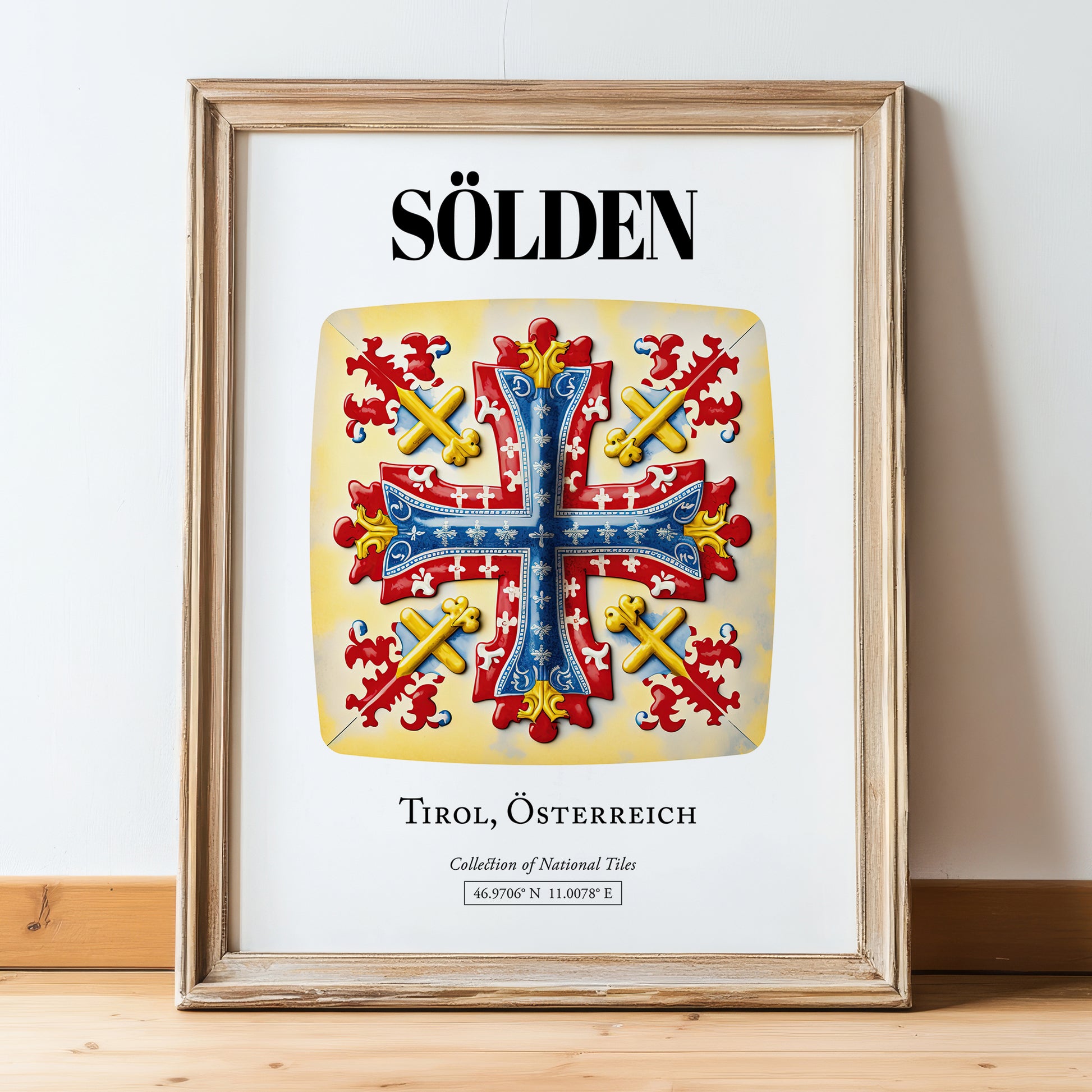 Sölden, Austria – Tourist Destination Poster, in wooden frame leaning on the floor