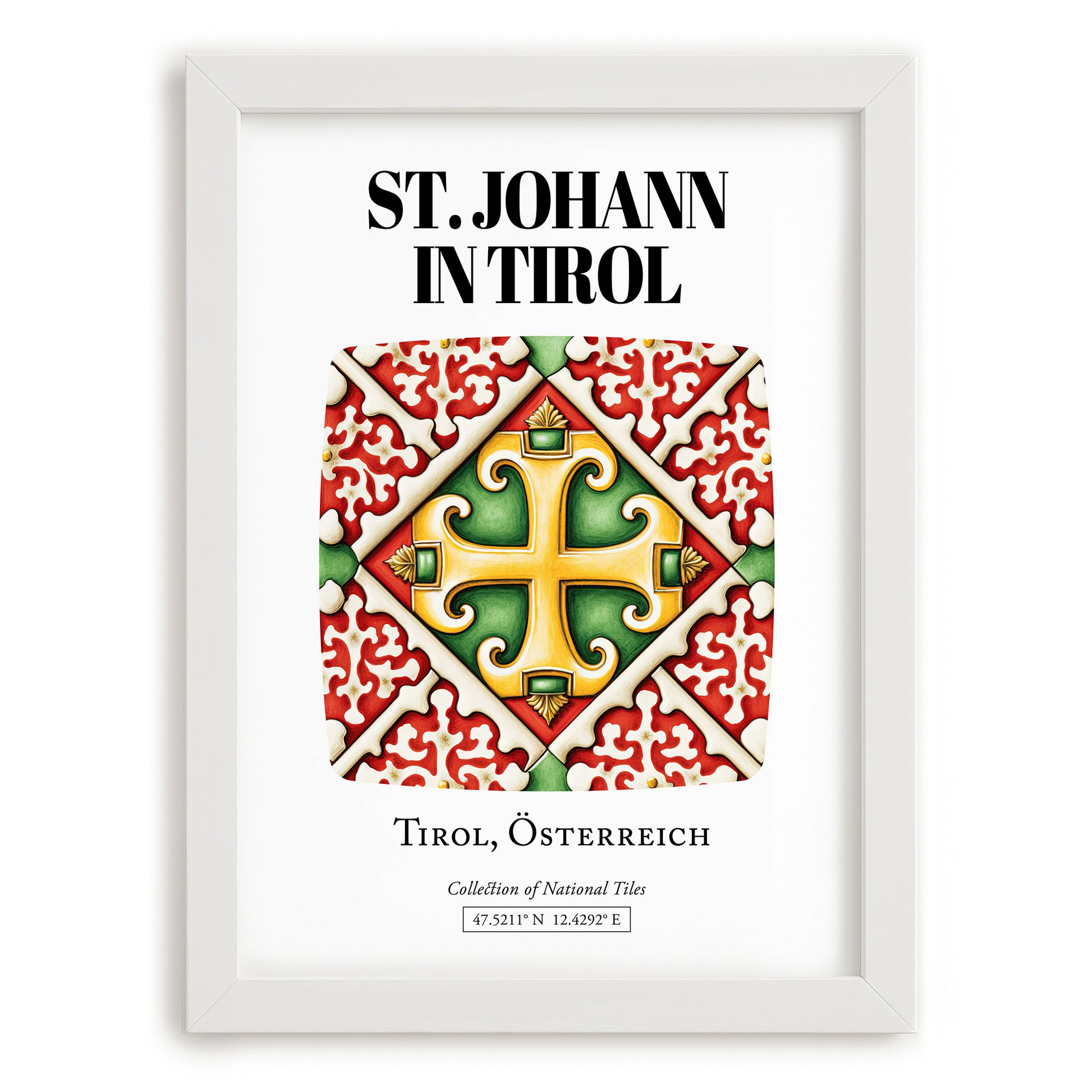St. Johann In Tirol, Austria – Illustrated Travel Poster, placed in minimal white frame