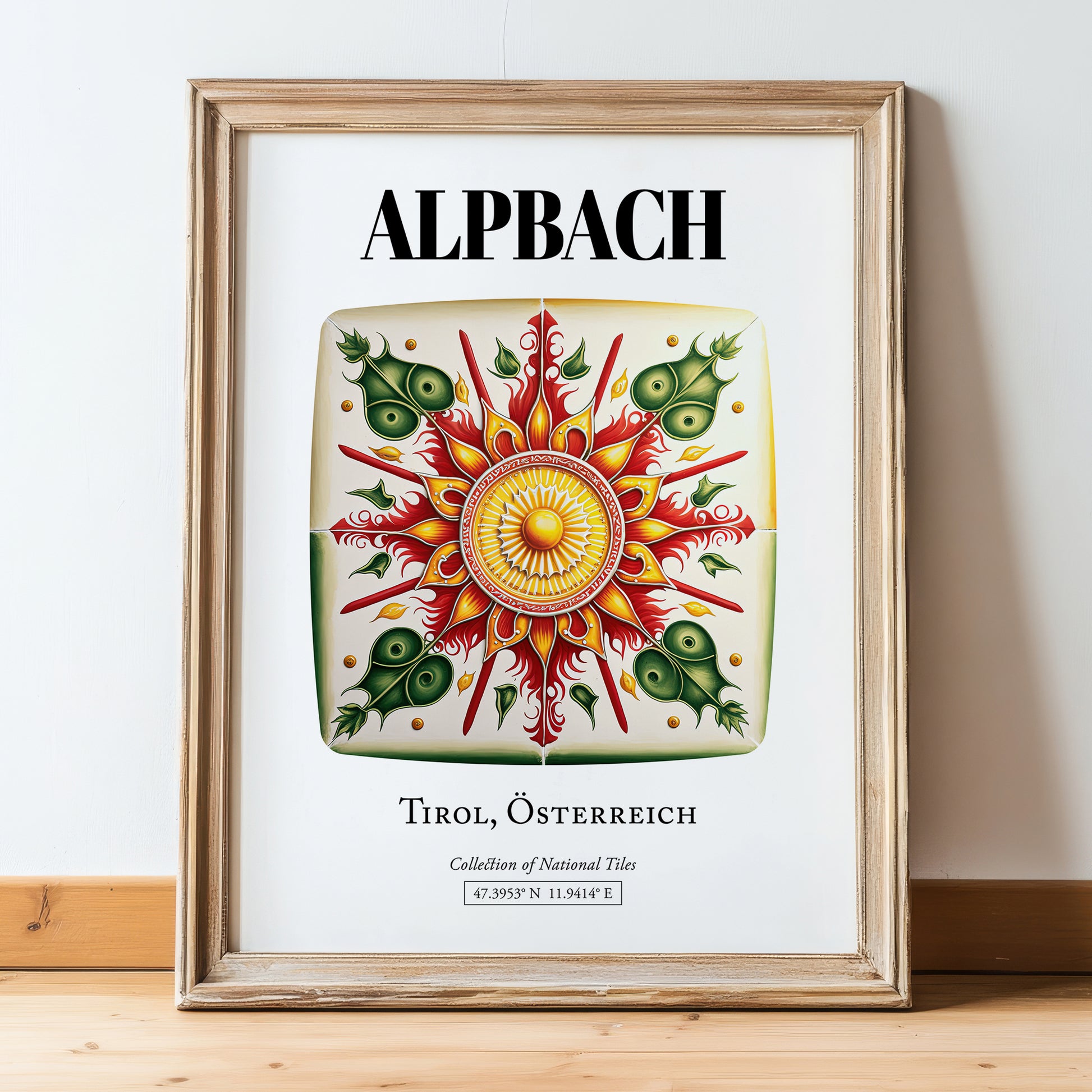 Alpbach, Austria – Travel Poster, in wooden frame leaning on the floor