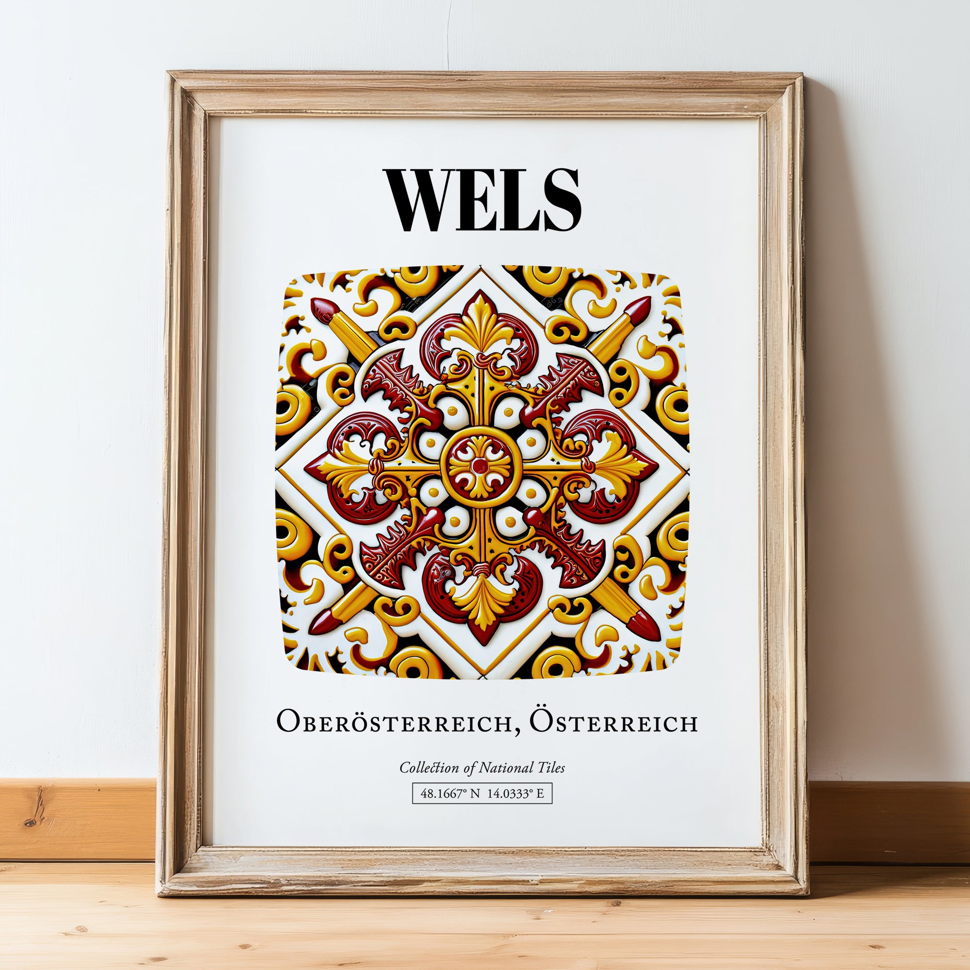 Wels, Austria – Travel Poster, in wooden frame leaning on the floor