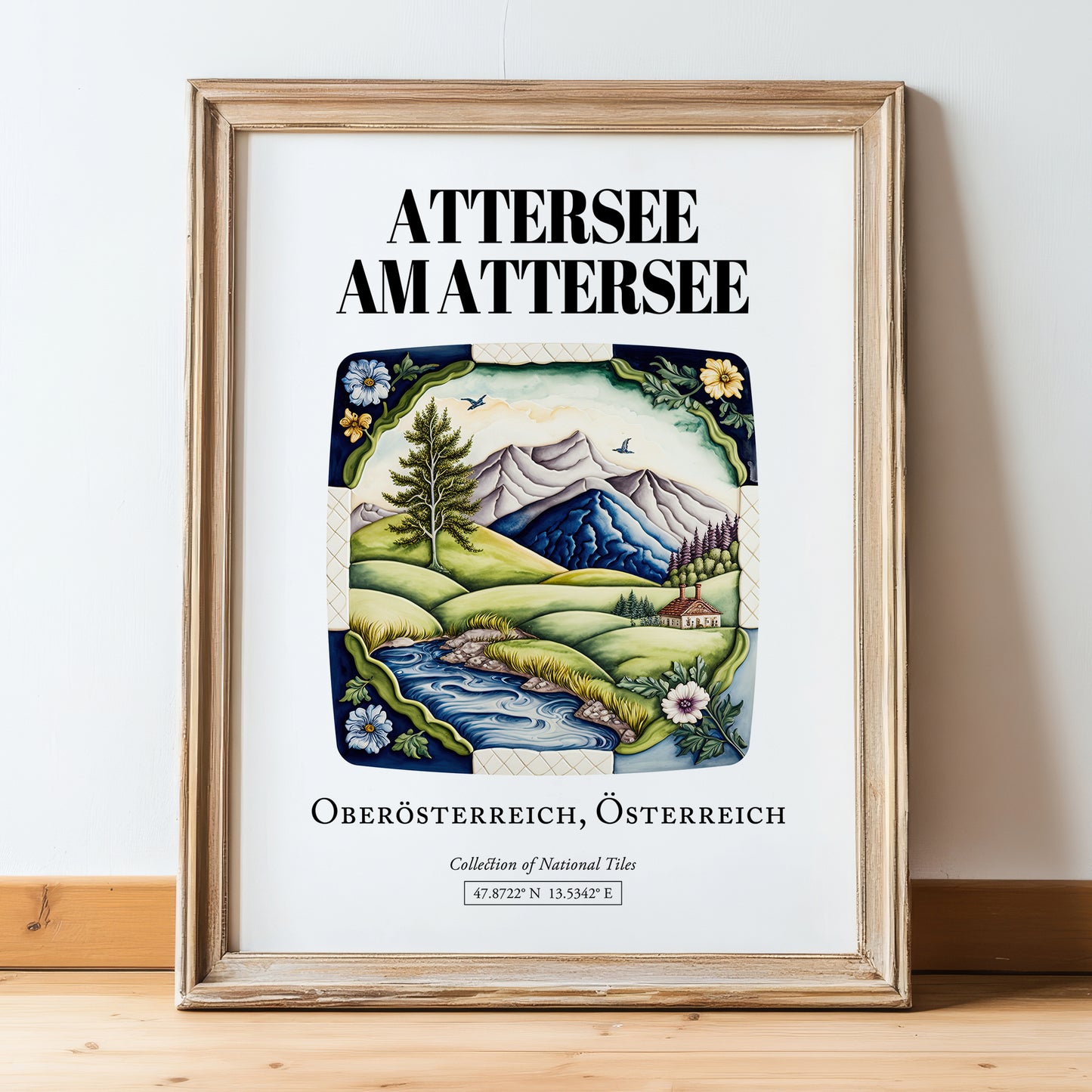Attersee Am Attersee, Austria – Travel Poster, in wooden frame leaning on the floor