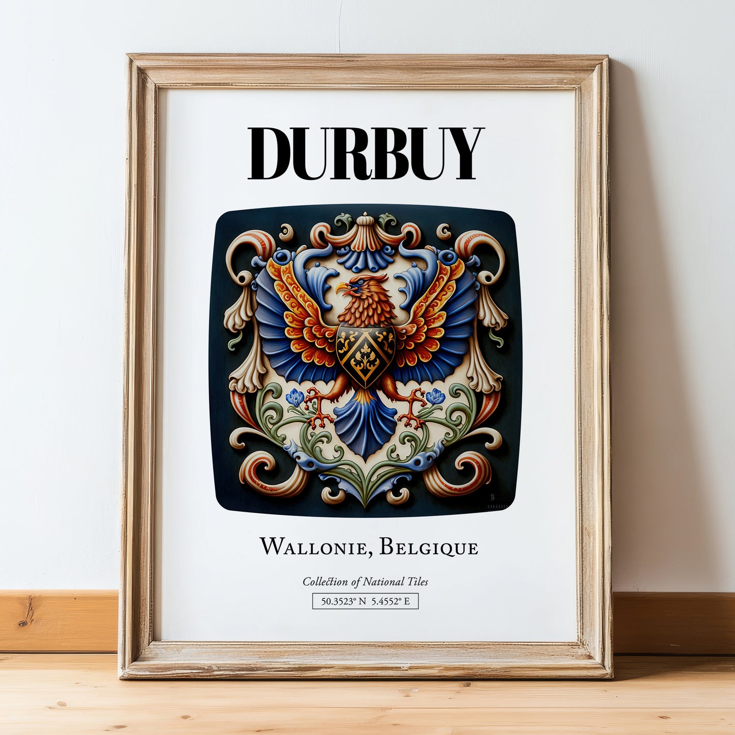 Durbuy, Belgium – Travel Poster, in wooden frame leaning on the floor