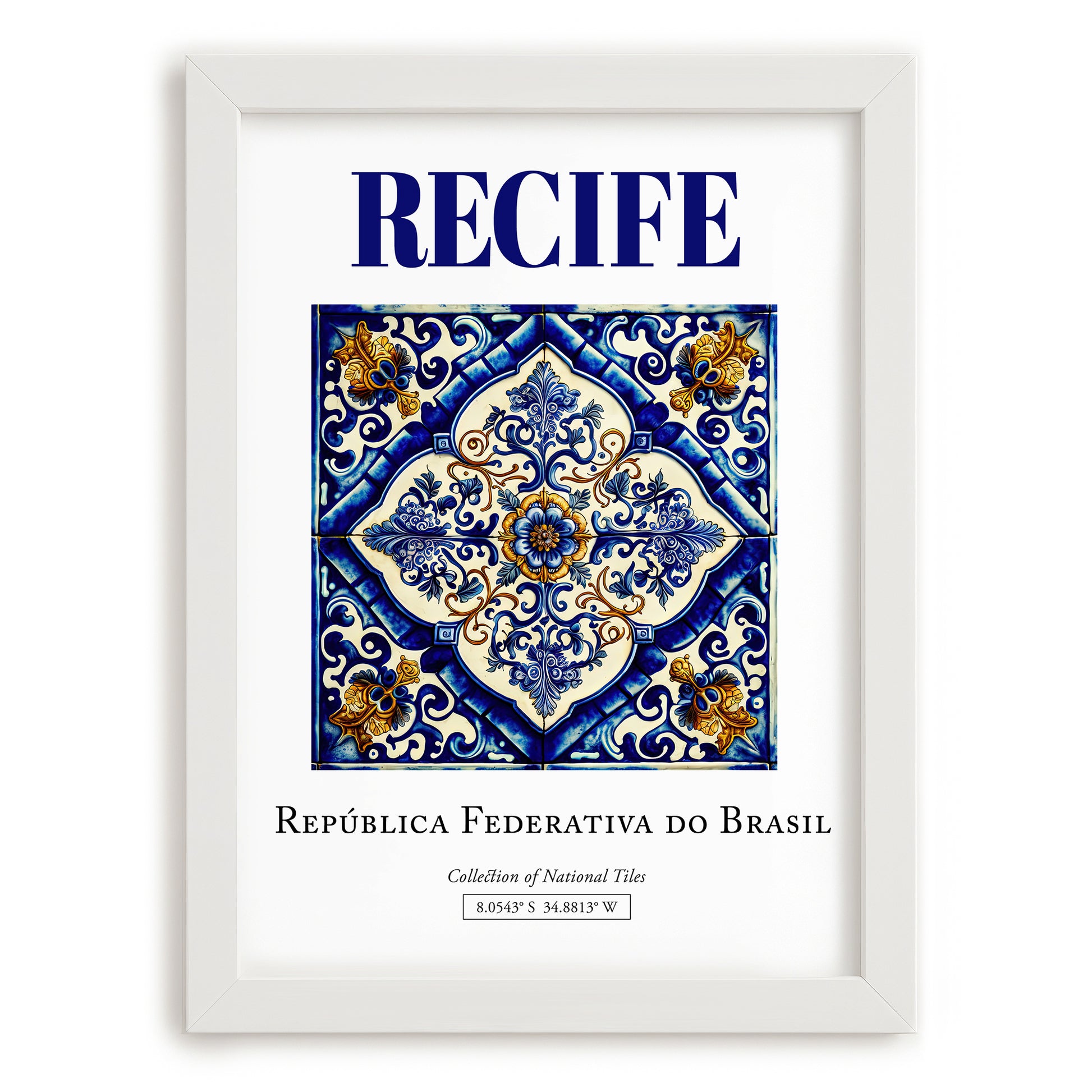 Recife, Brasil – Travel Destination Art, placed in minimal white frame