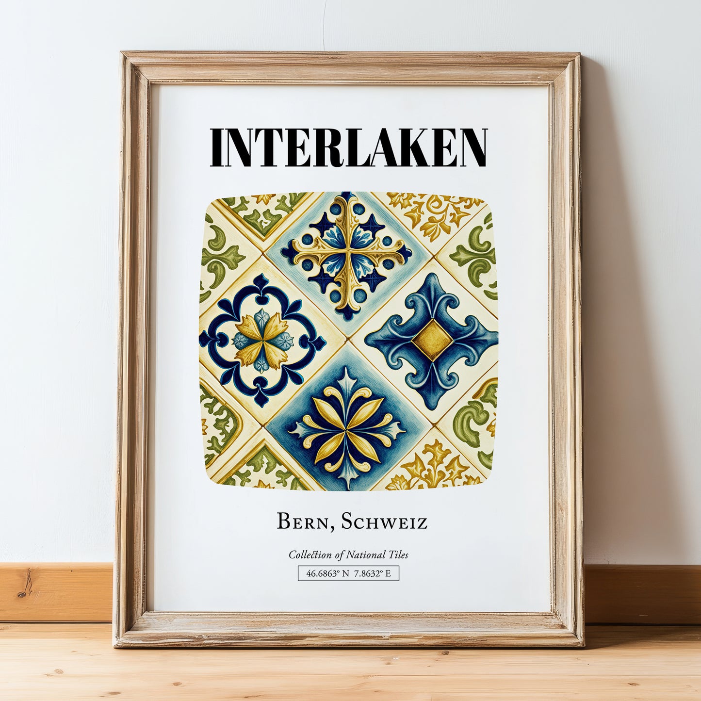 Interlaken, Switzerland – Travel Destination Art, in wooden frame leaning on the floor