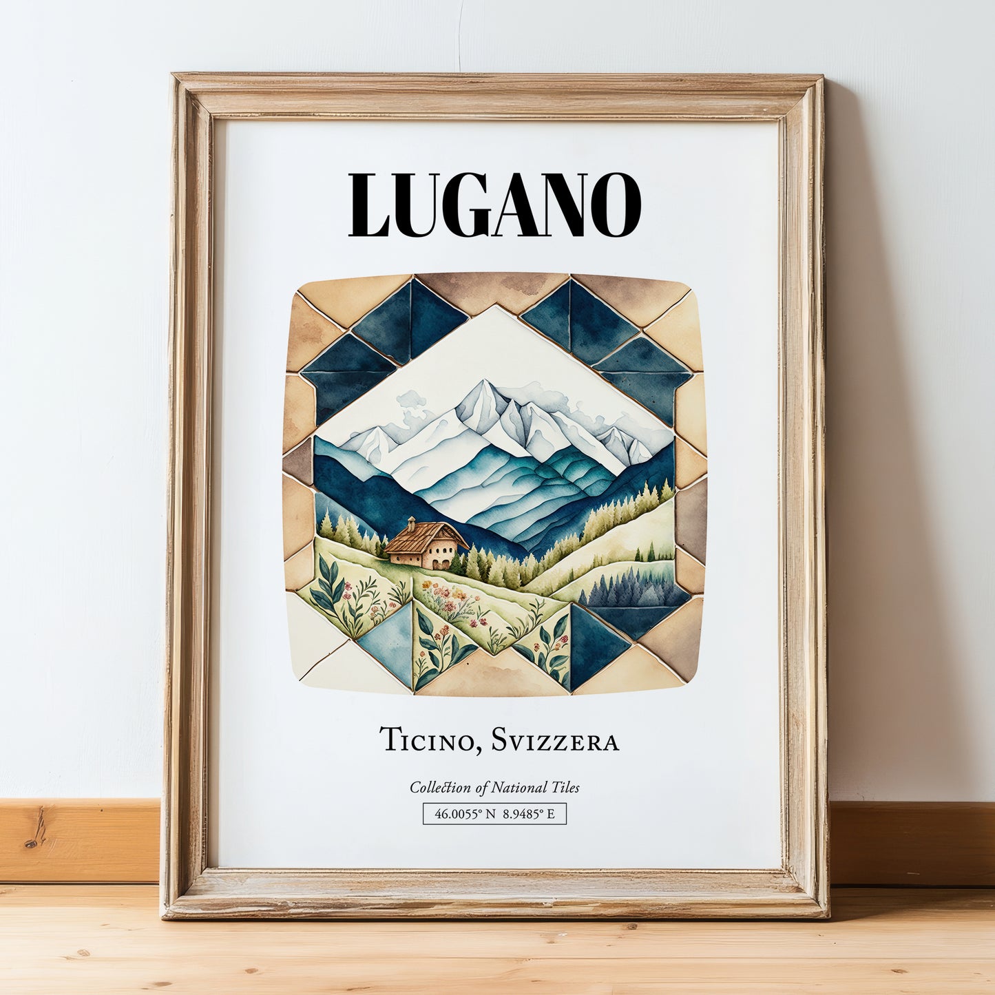 Lugano, Switzerland – Travel Wall Art, in wooden frame leaning on the floor