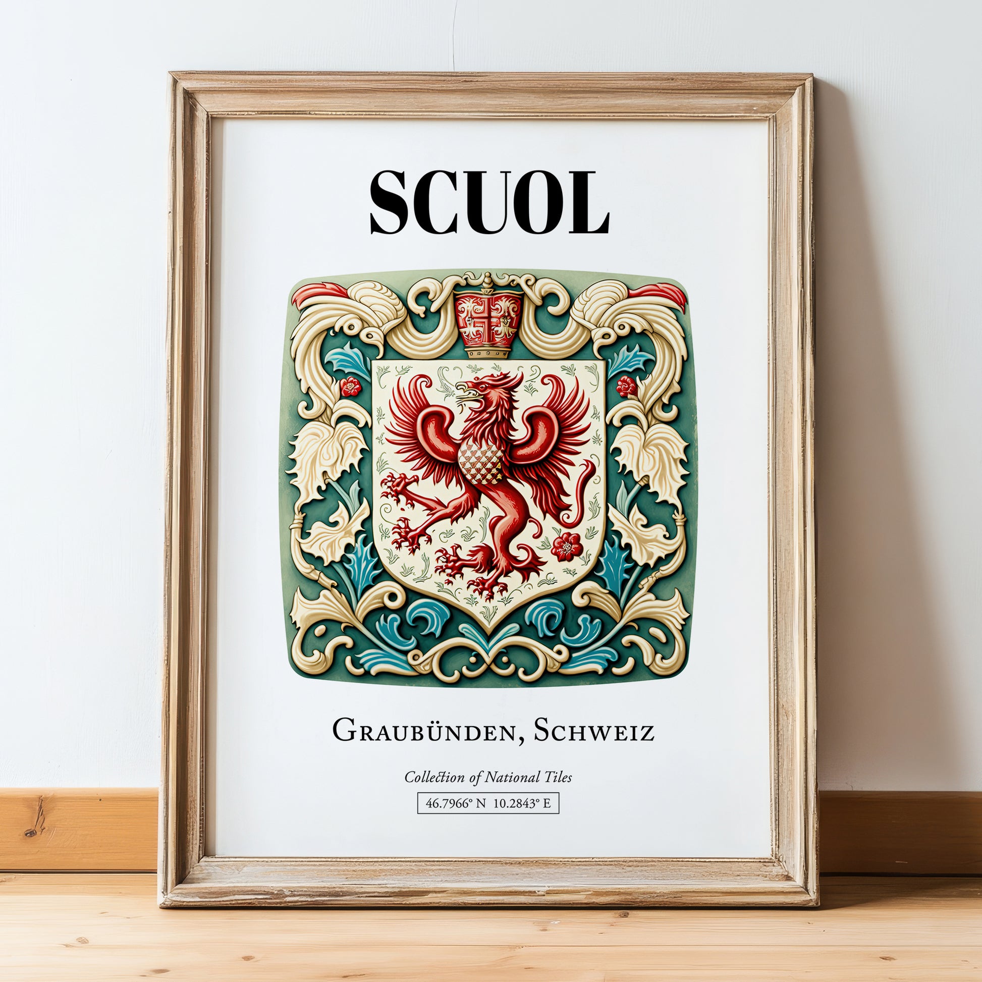 Scuol, Switzerland – Travel Wall Art, in wooden frame leaning on the floor