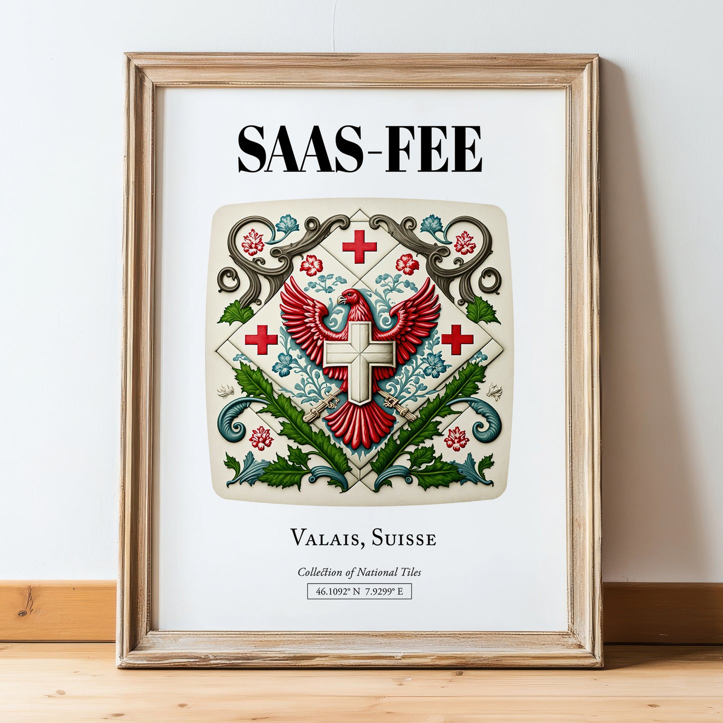 Saas-fee, Switzerland – Travel Print, in wooden frame leaning on the floor
