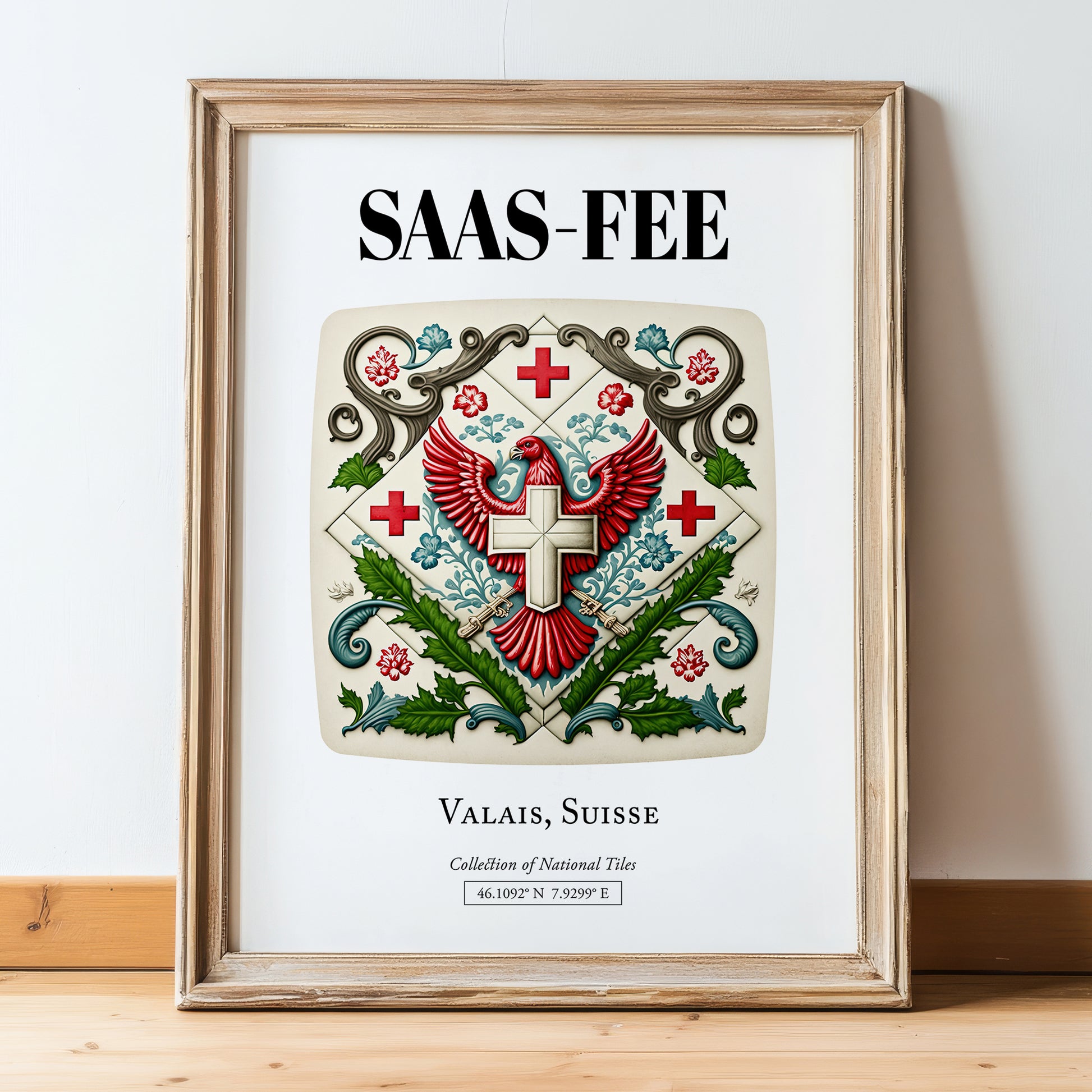 Saas-fee, Switzerland – Travel Print, in wooden frame leaning on the floor