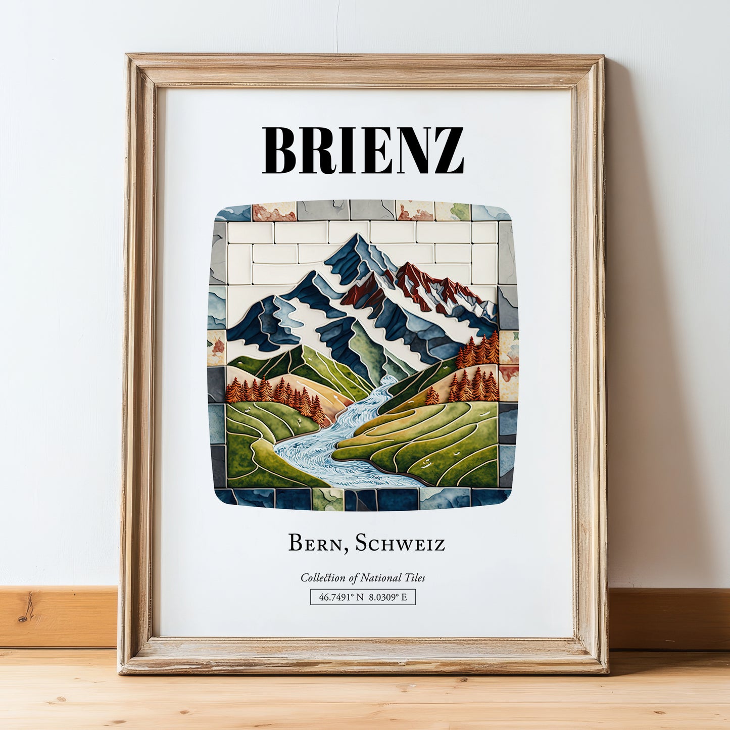 Brienz, Switzerland – Travel Poster, in wooden frame leaning on the floor