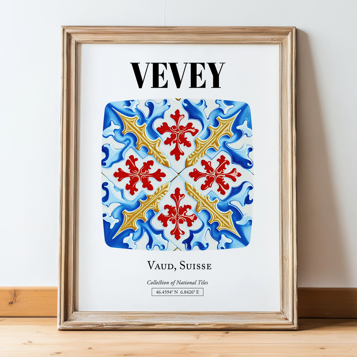 Vevey, Switzerland – Cityscape Wall Art, in wooden frame leaning on the floor