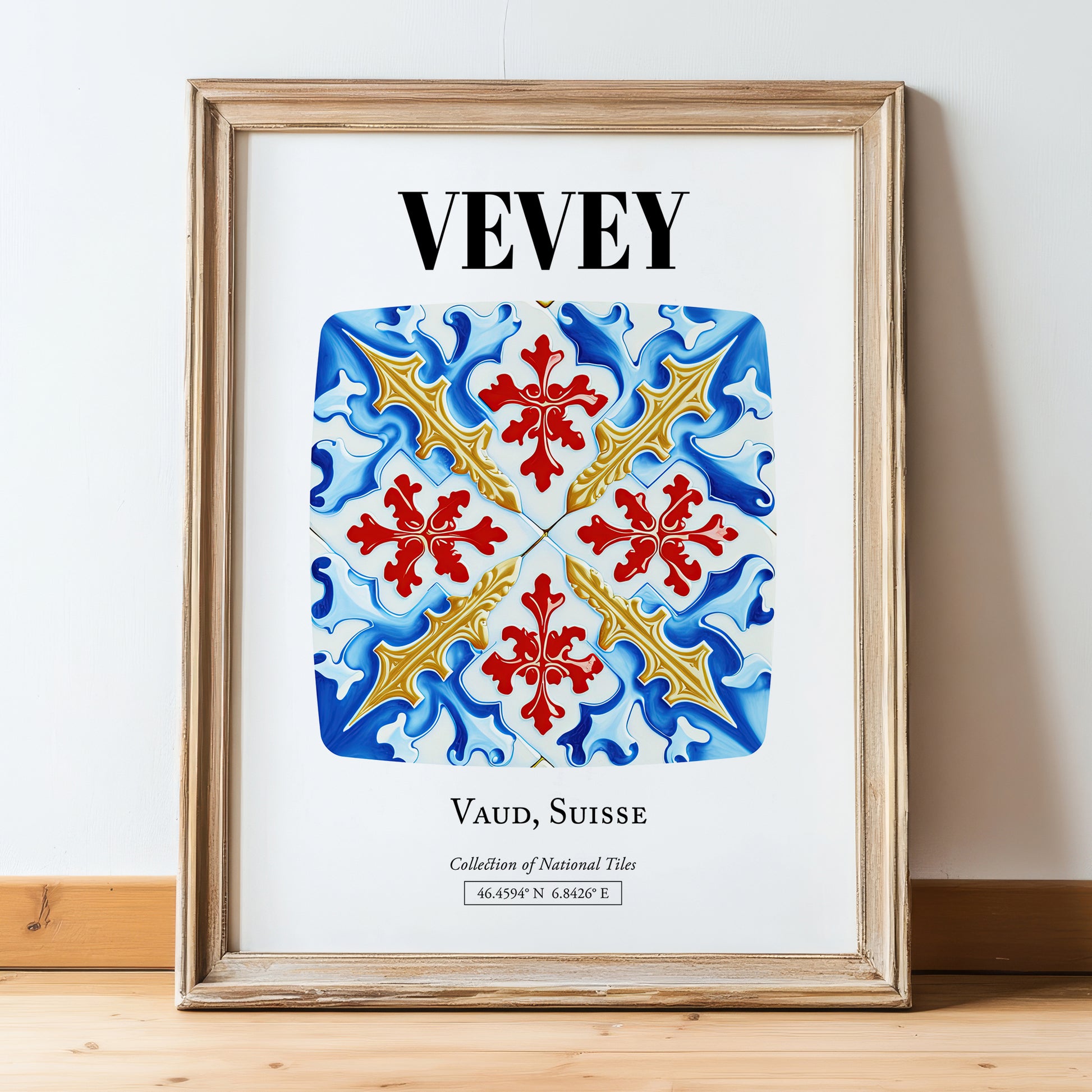 Vevey, Switzerland – Cityscape Wall Art, in wooden frame leaning on the floor