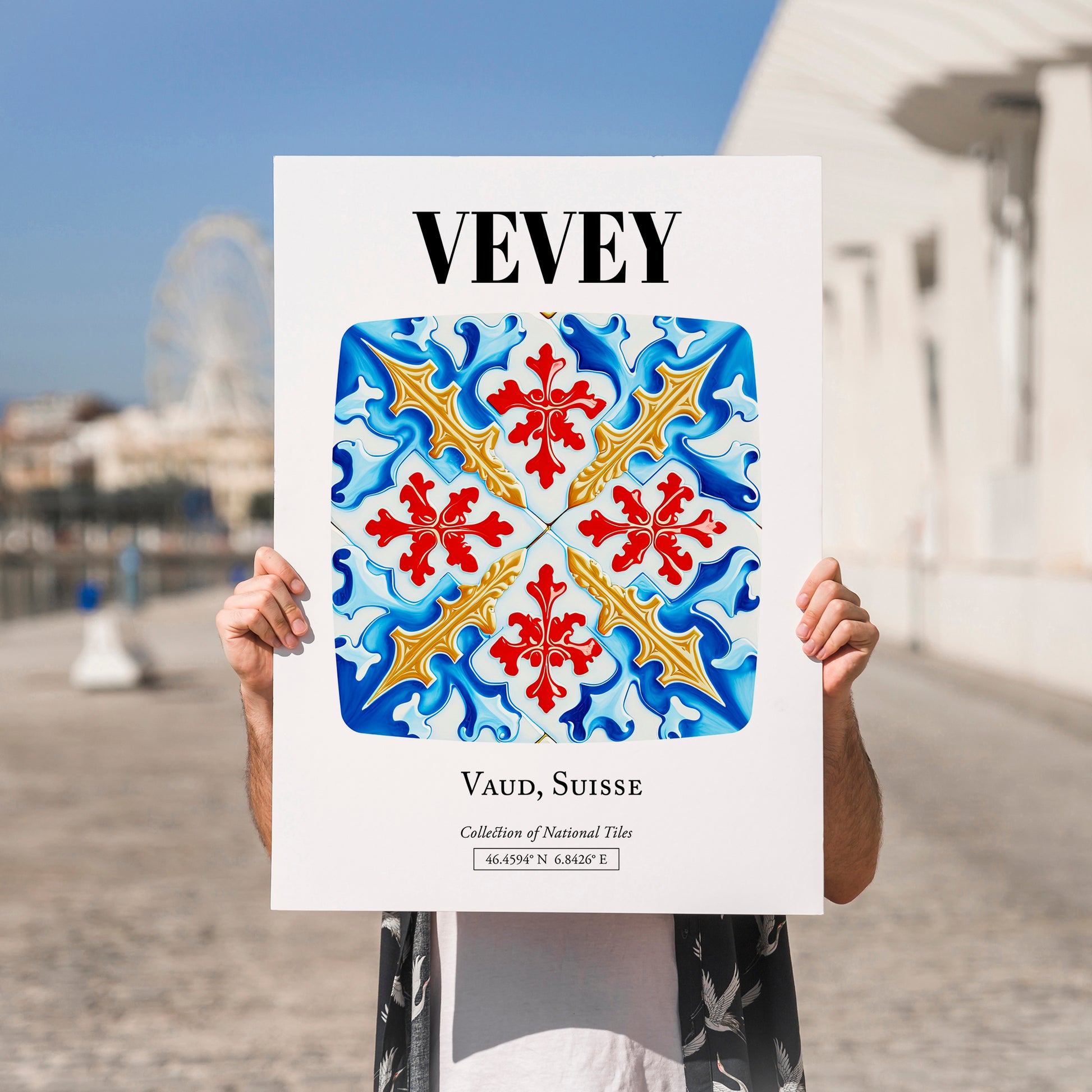 Vevey, Switzerland – Cityscape Wall Art, no-text version framed in wood