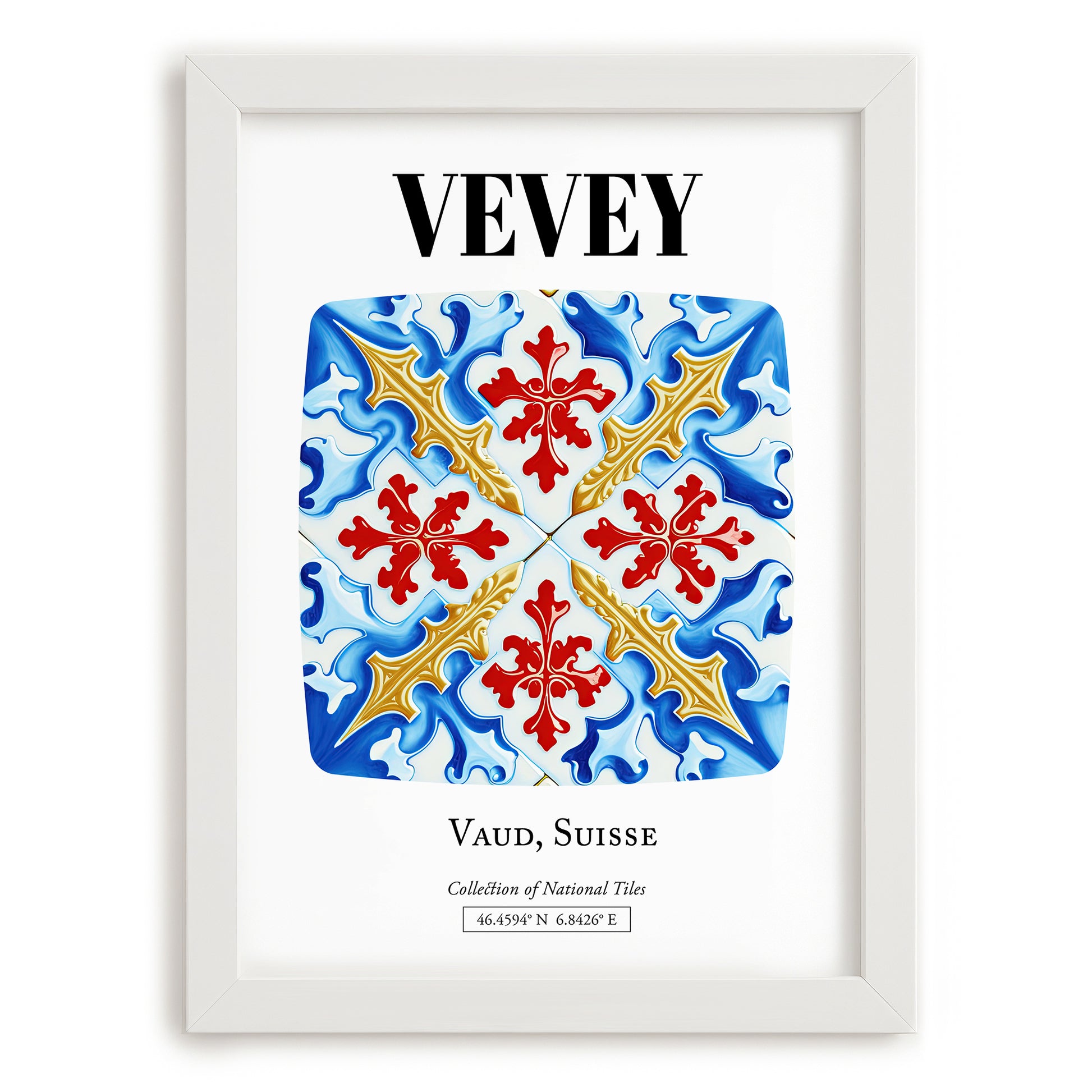 Vevey, Switzerland – Cityscape Wall Art, placed in minimal white frame