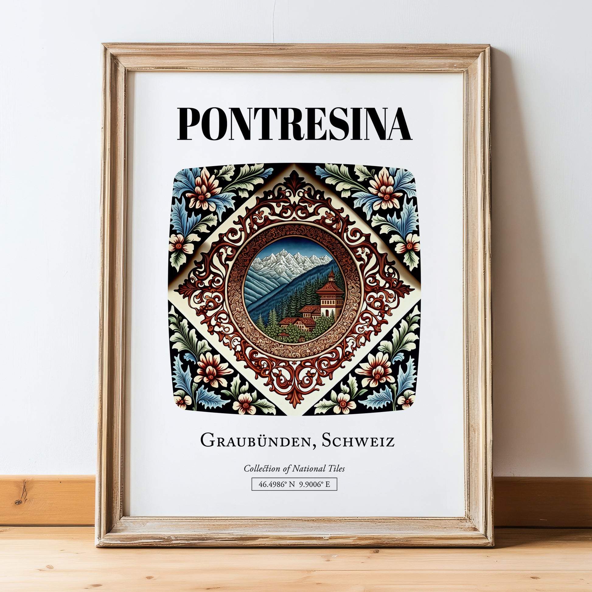 Pontresina, Switzerland – Travel Poster, in wooden frame leaning on the floor