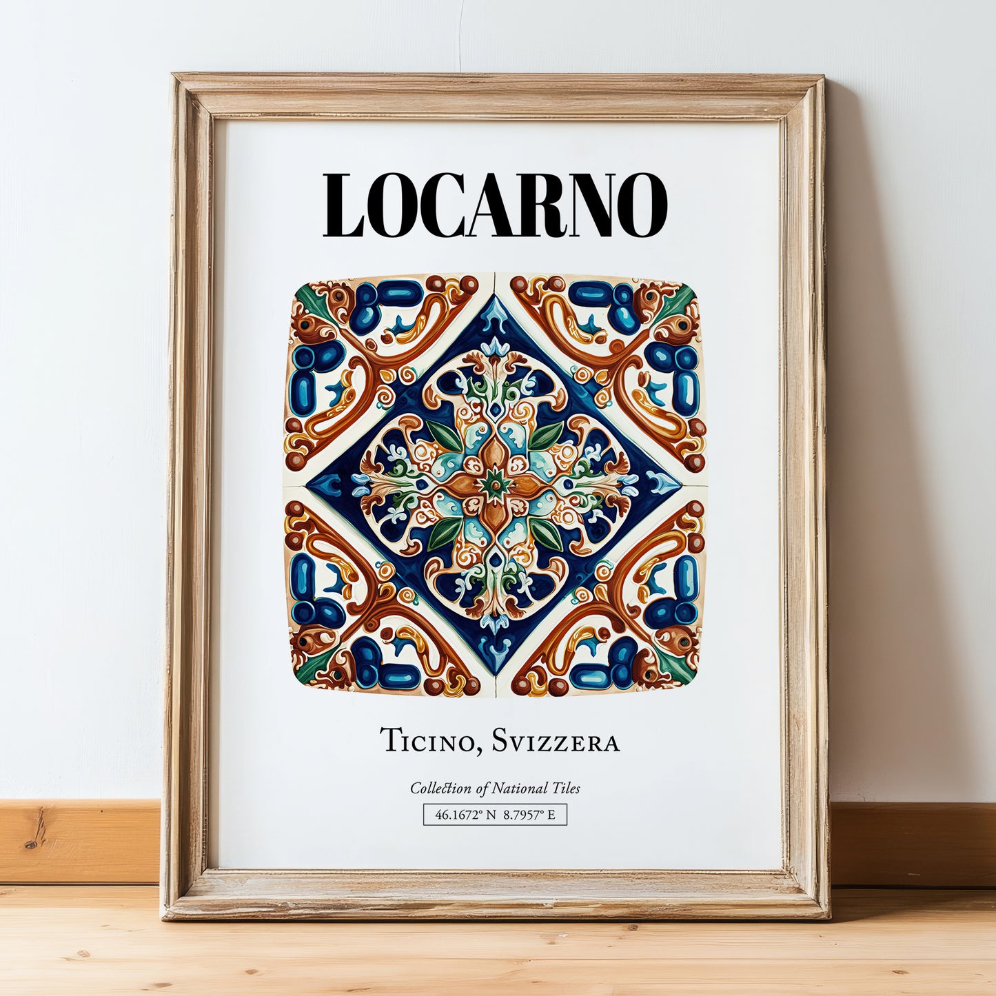 Locarno, Switzerland – Away From Home Poster, in wooden frame leaning on the floor