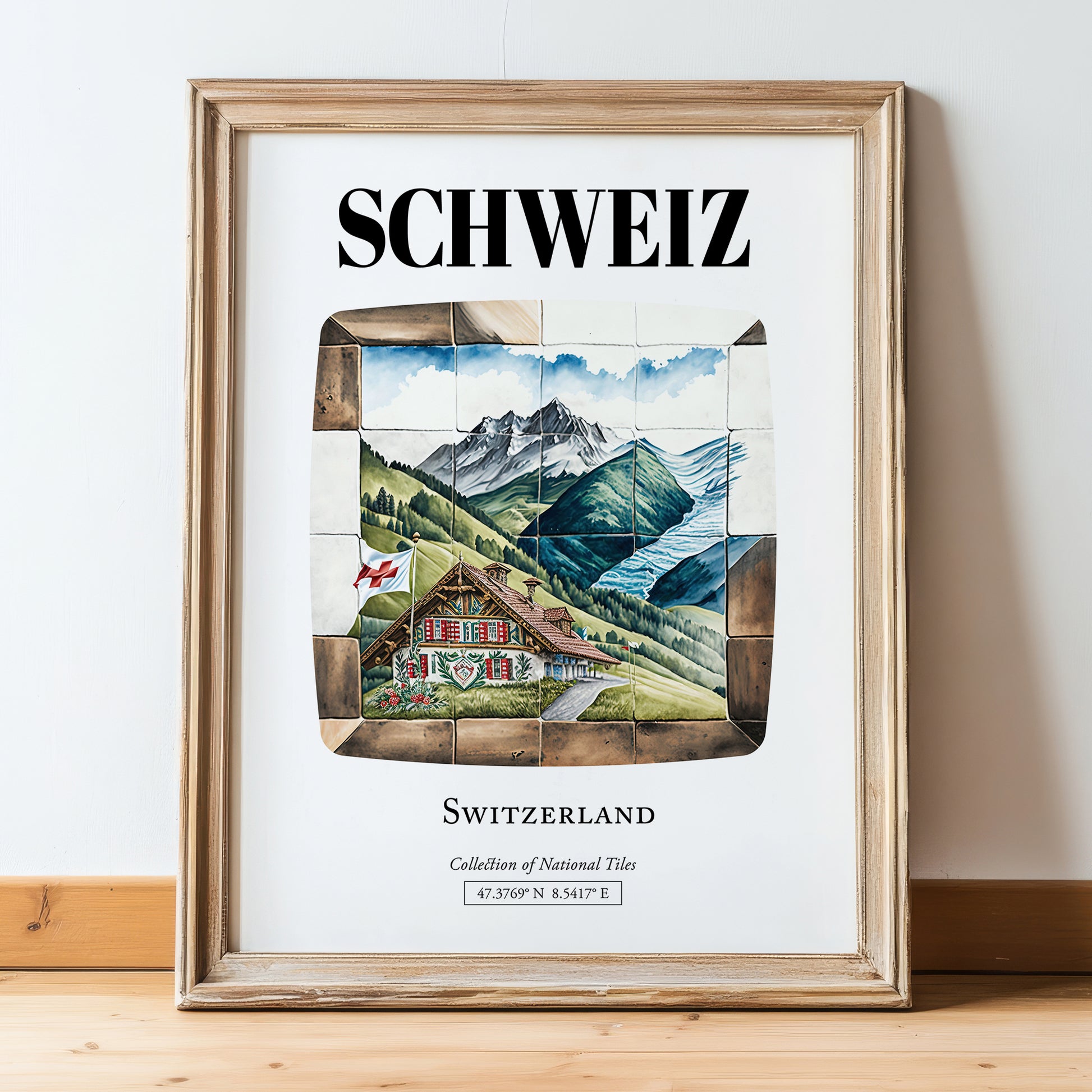 Schweiz, Switzerland – Travel Poster, in wooden frame leaning on the floor